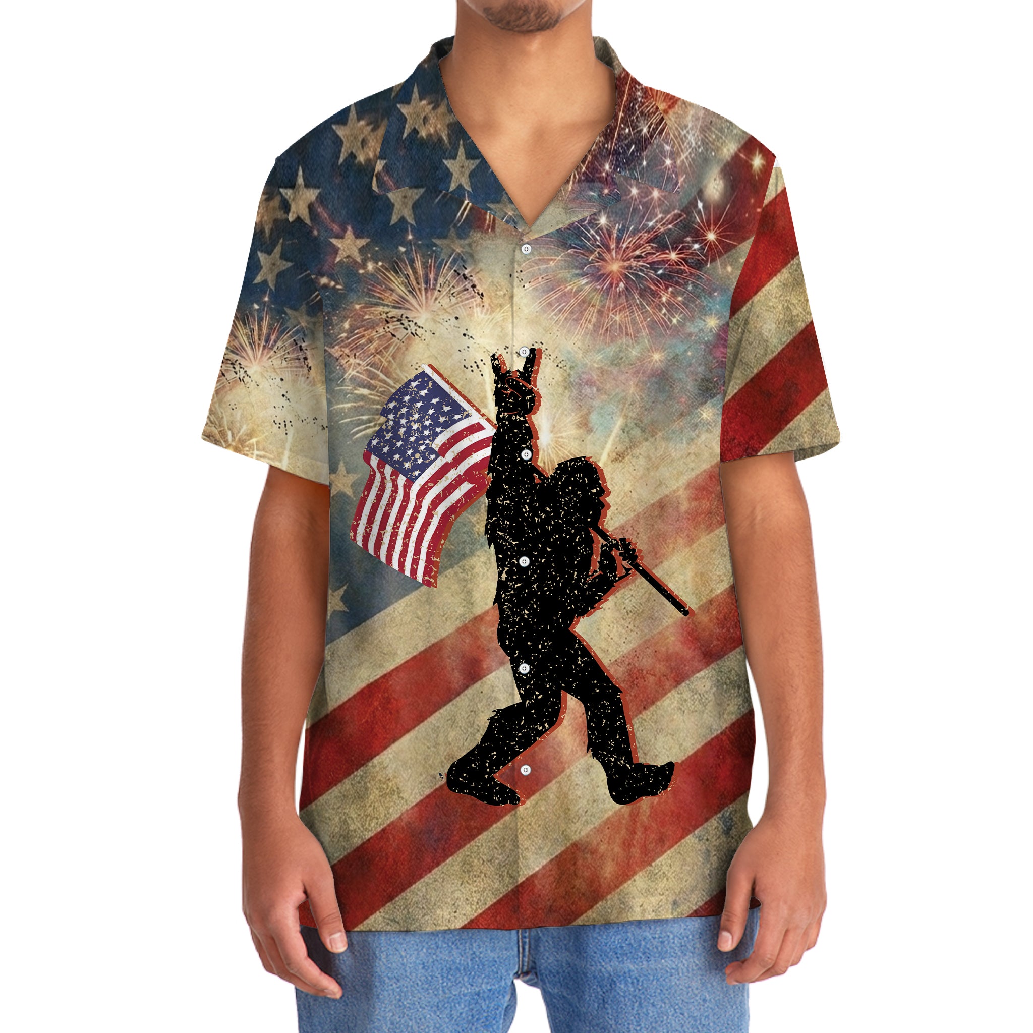 Bigfoot Waving USA Flag Hawaiian Shirt Side angle of the patriotic Bigfoot Hawaiian shirt, emphasizing the colorful design and relaxed fit.