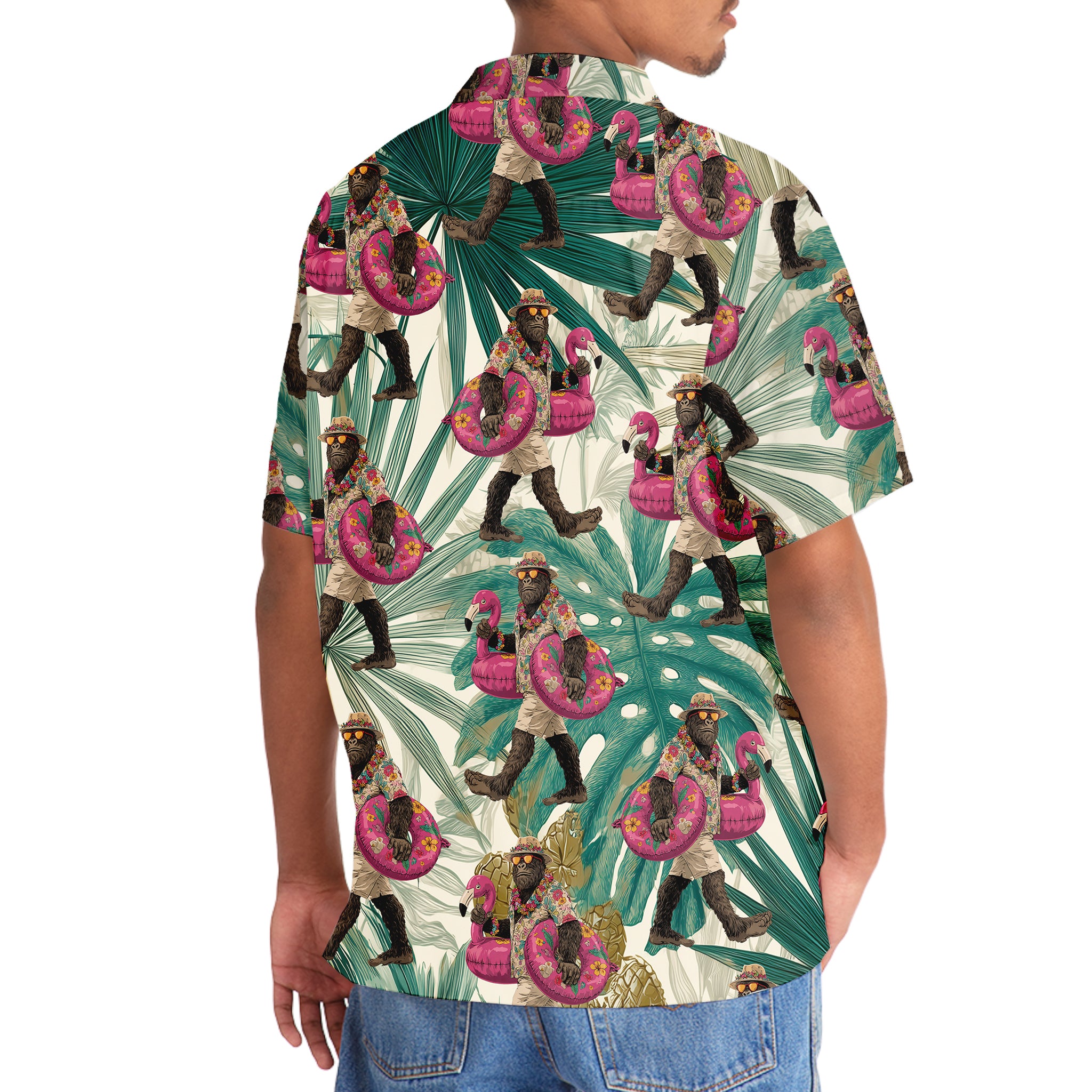 Bigfoot Flamingo Escape Hawaiian Shirt Side angle of the Bigfoot Flamingo Escape Hawaiian shirt revealing the unique print of Bigfoot and flamingos.