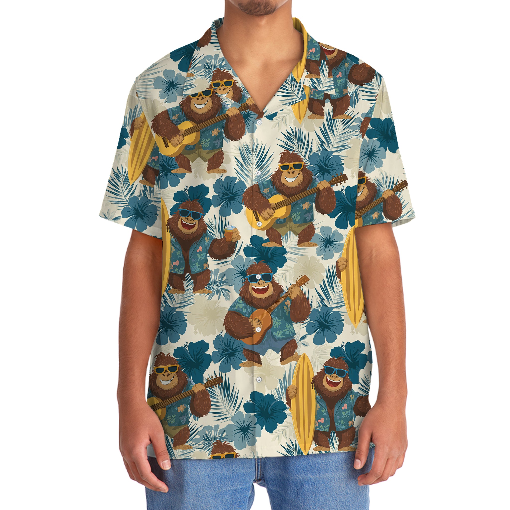 Aloha Bigfoot Holiday Hawaiian Shirt Flat lay of the Aloha Bigfoot Holiday shirt with tropical accessories, perfect for summer outings.