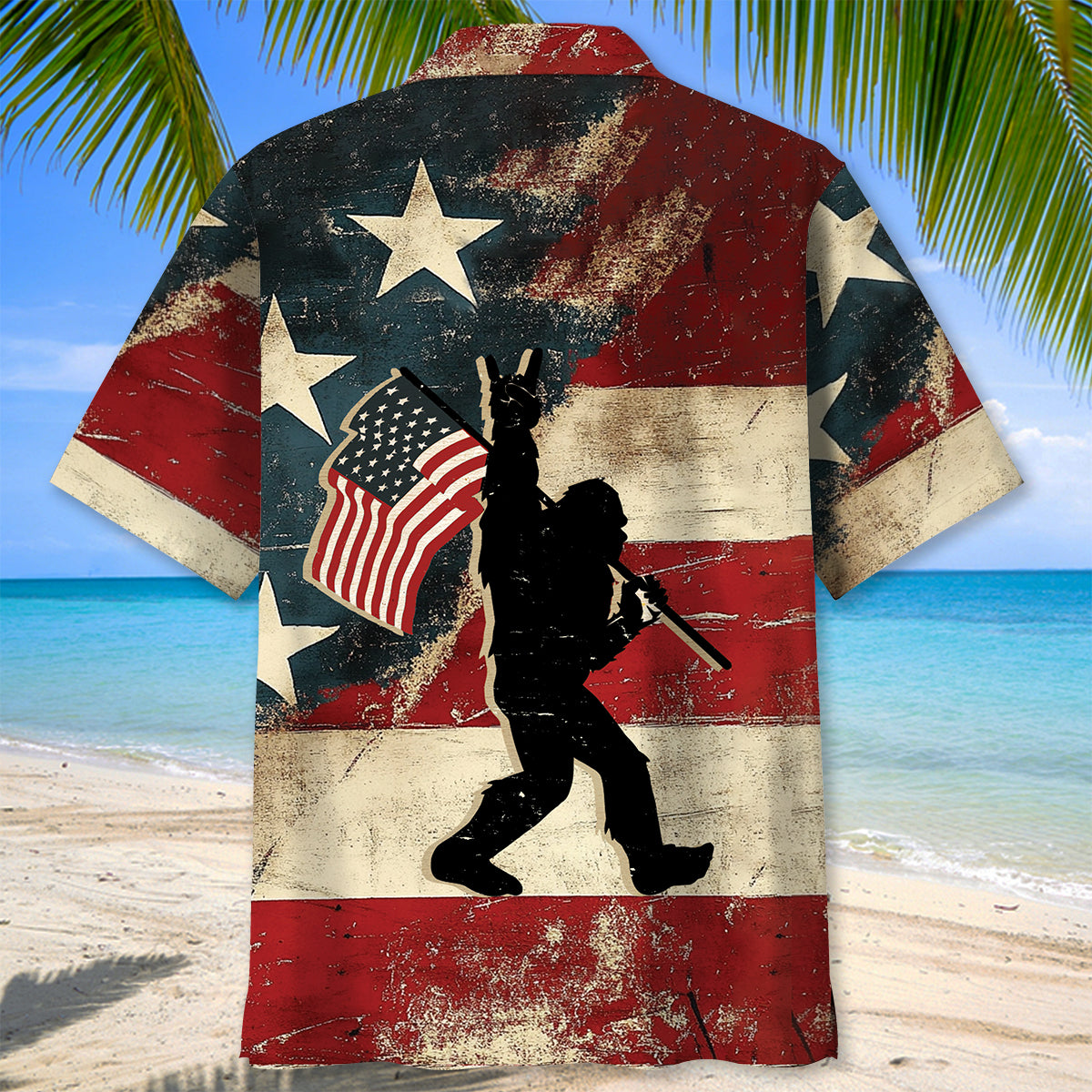 Vintage Bigfoot USA Hawaiian Shirt Lifestyle shot of a person wearing the vintage Bigfoot USA Hawaiian shirt, enjoying a summer day outdoors.