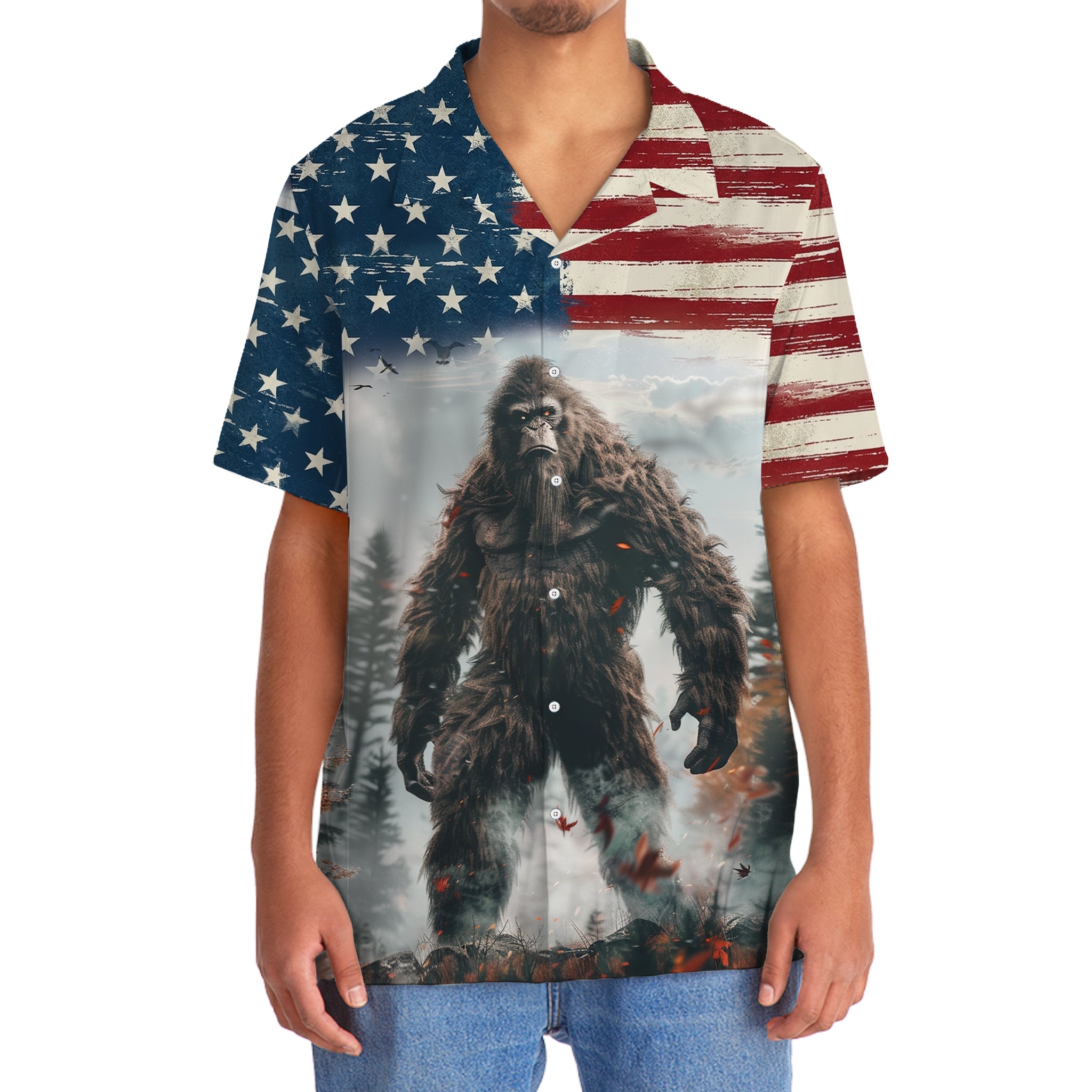 Bigfoot American Wilderness Legend Hawaiian Shirt Side view of the Bigfoot American Wilderness Legend shirt with the American flag pattern blending seamlessly with the graphic