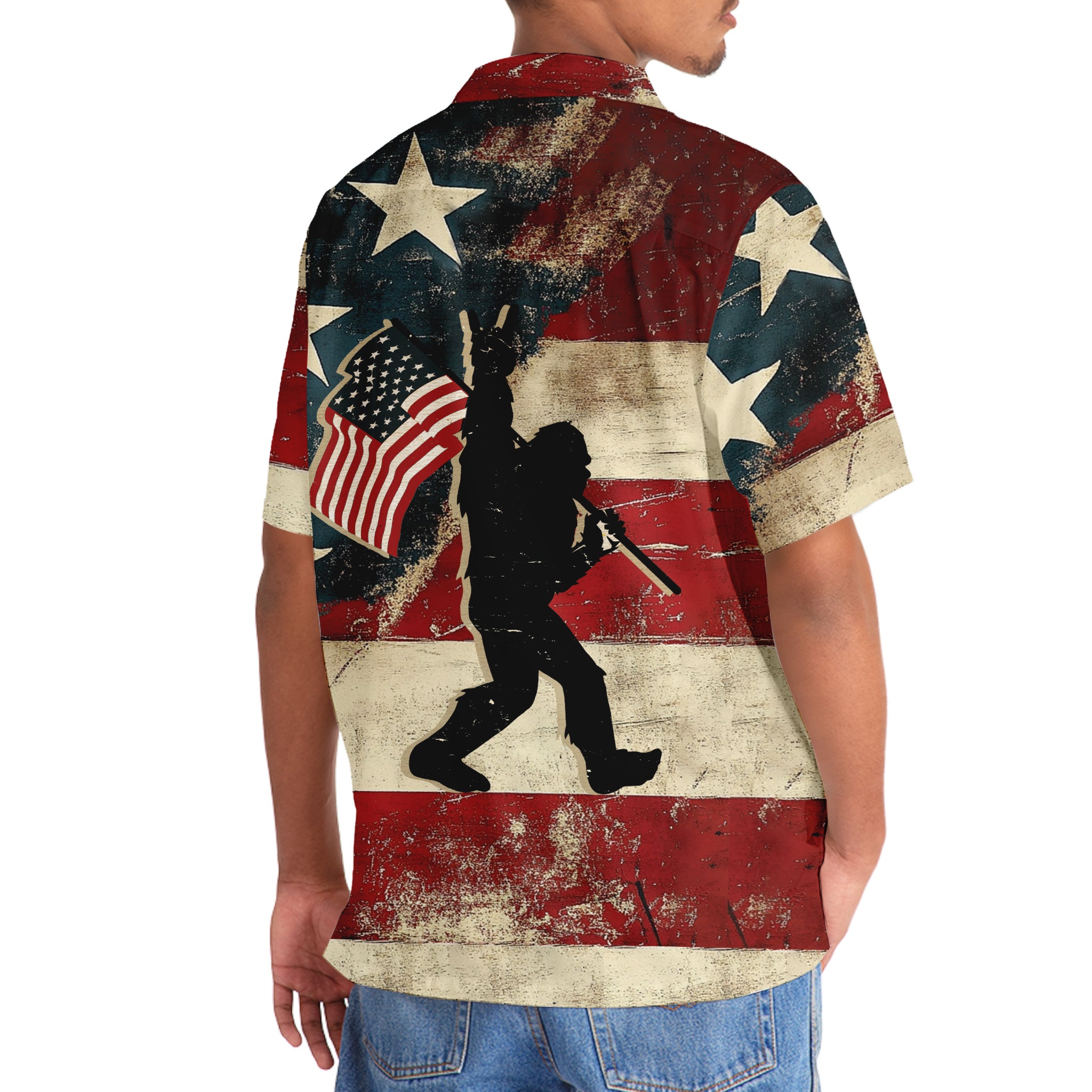 Vintage Bigfoot USA Hawaiian Shirt Flat lay of the vintage Bigfoot USA Hawaiian shirt with accessories, displaying its unique design and colors.