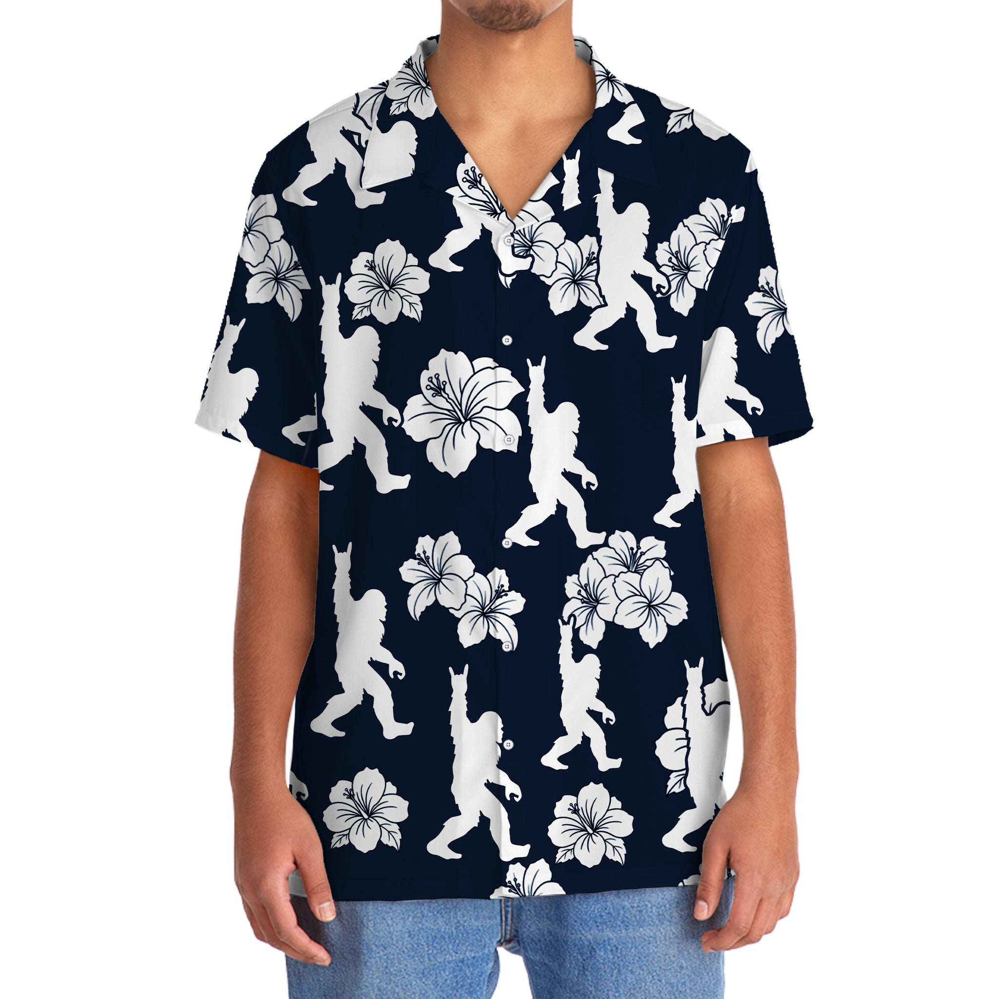 Bigfoot Rock & Roll Hawaiian Shirt Side view of the Bigfoot Rock and Roll Hawaiian shirt displaying the relaxed fit and stylish hibiscus flowers.