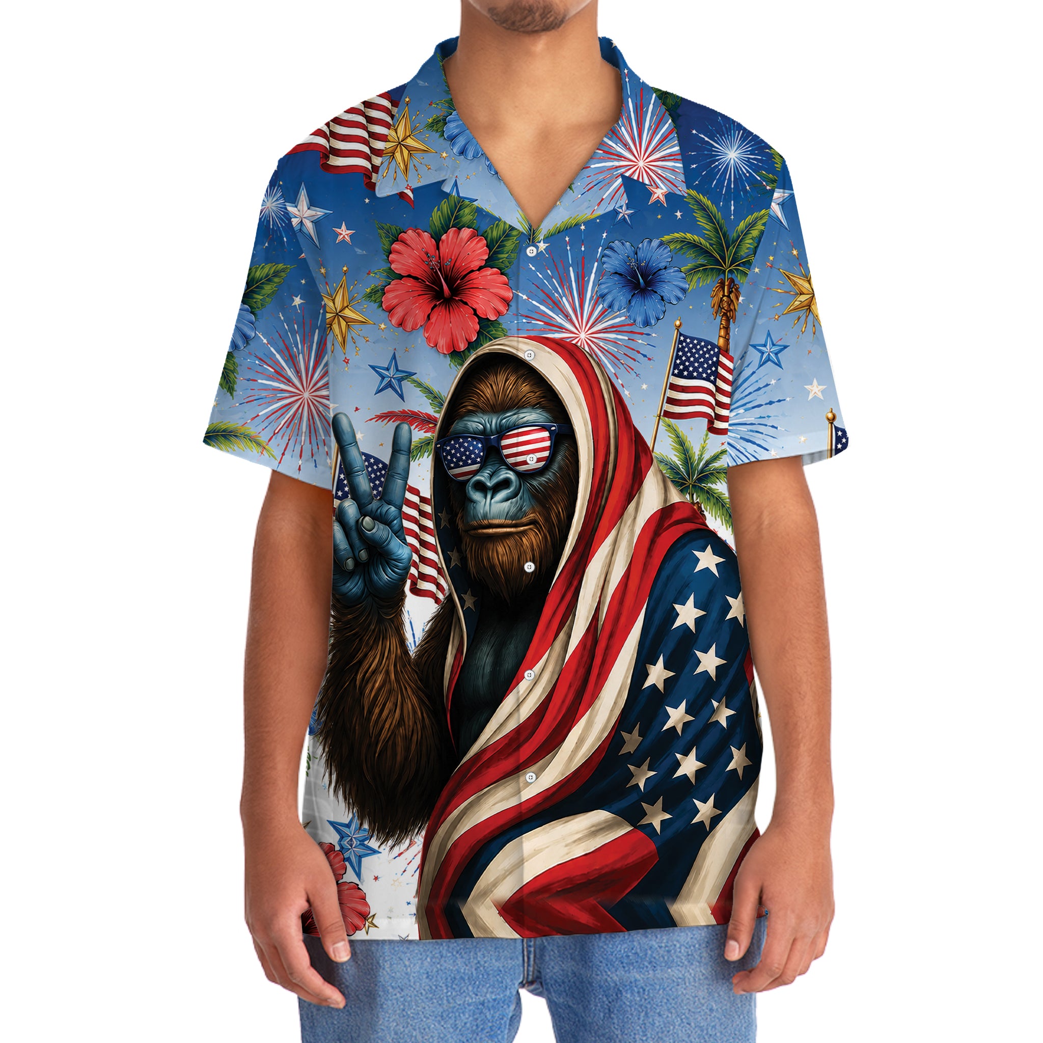 Patriotic Bigfoot 4th of July Hawaiian Shirt Side view of the patriotic Bigfoot 4th of July shirt highlighting its relaxed fit and colorful patterns.
