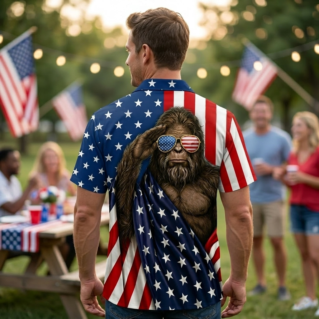 Bigfoot Patriotic Salute Hawaiian Shirt Side angle of the Bigfoot patriotic salute Hawaiian shirt, emphasizing the unique flag design.