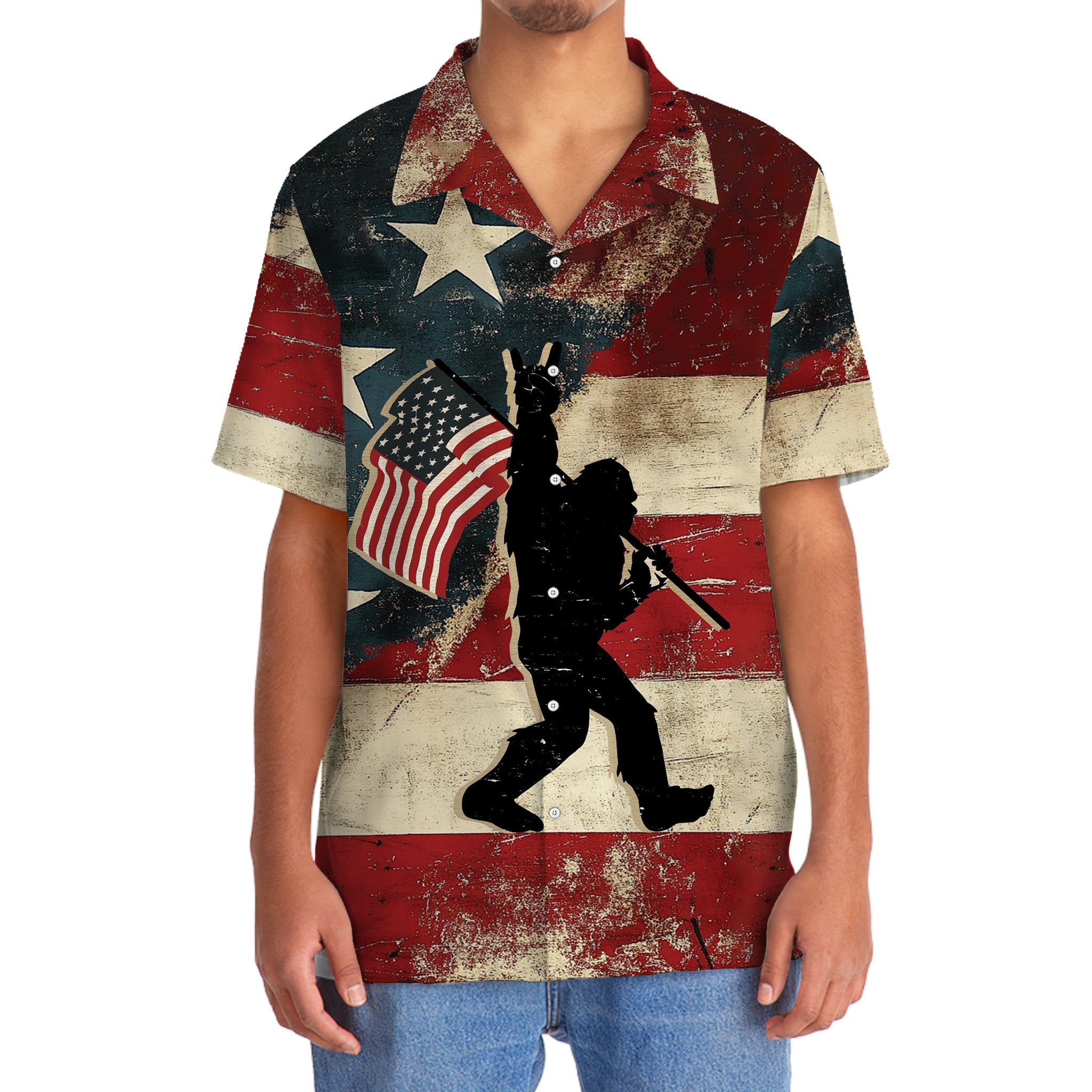 Vintage Bigfoot USA Hawaiian Shirt Side angle of the vintage Bigfoot USA Hawaiian shirt, emphasizing the comfortable short sleeves and casual style.
