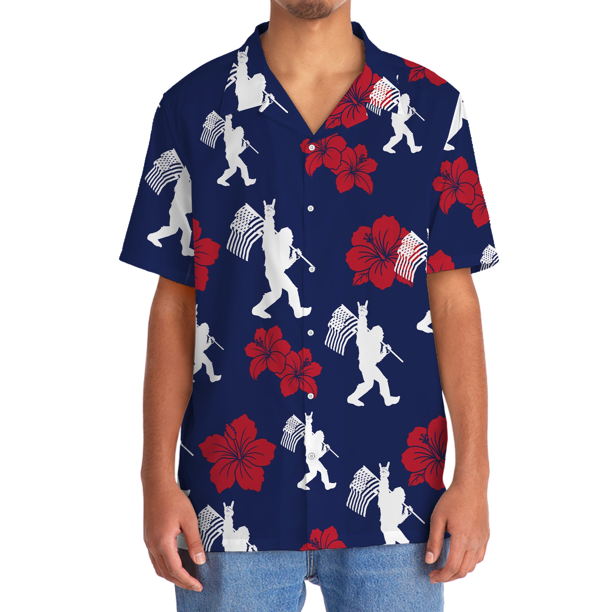 Patriotic Bigfoot USA Flag Color Hawaiian Shirt Side angle of the patriotic bigfoot USA flag color Hawaiian shirt highlighting its relaxed fit and vibrant colors.
