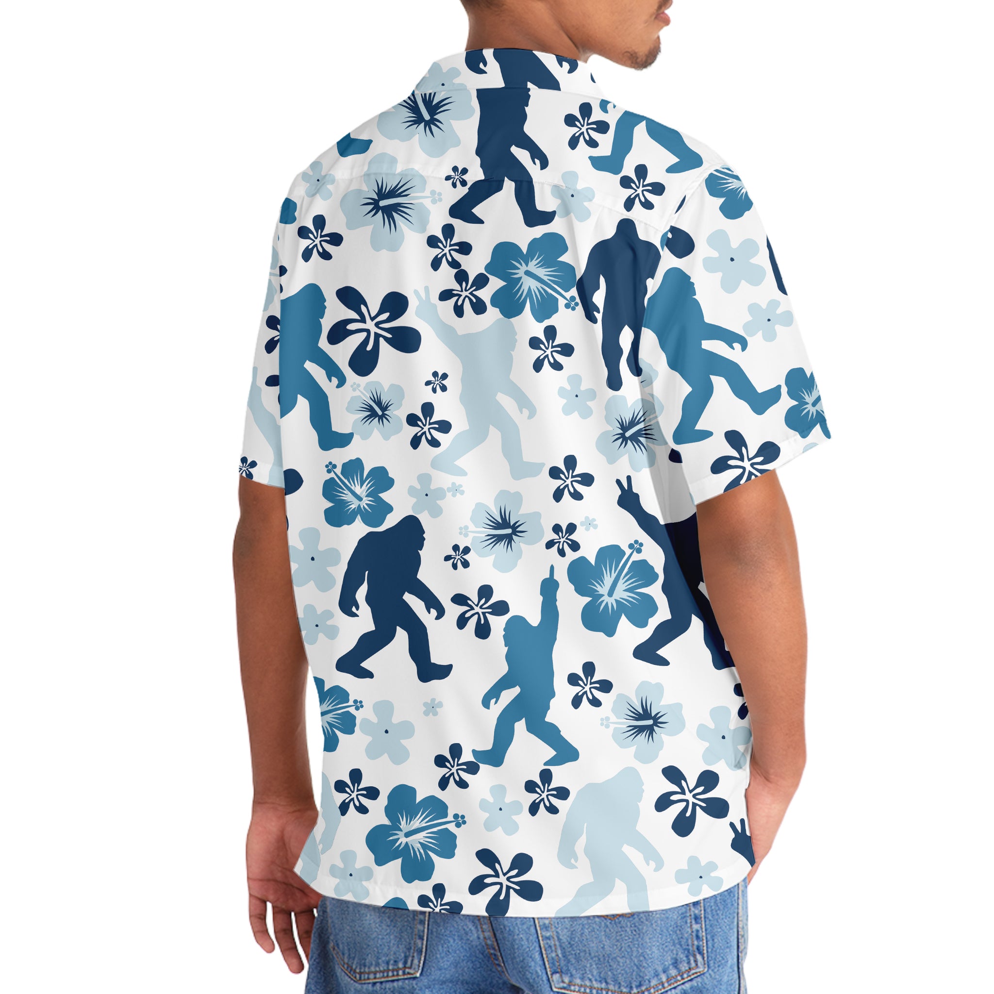 Bigfoot Hibiscus Blue Hawaiian Shirt Side angle of the funny Bigfoot hibiscus blue Hawaiian shirt to highlight its unique design elements.