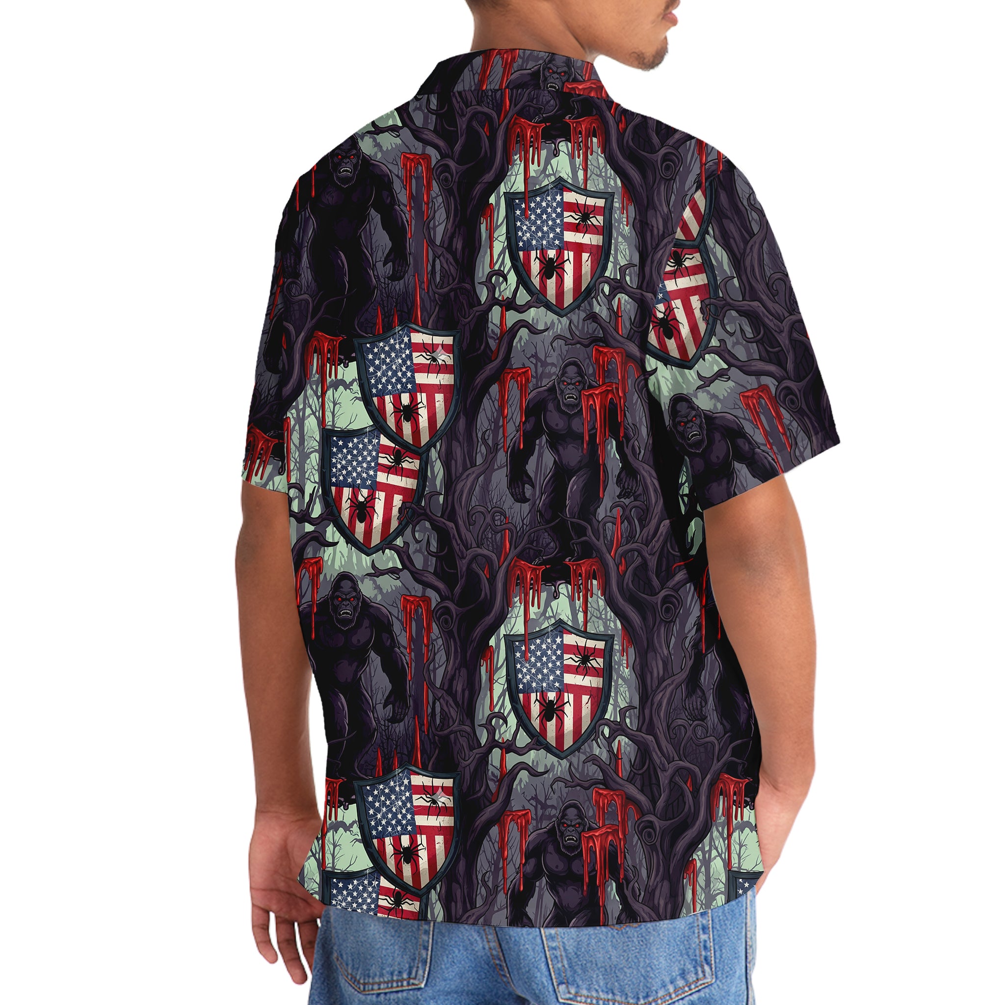 Bigfoot Dark Forest Horror Hawaiian Shirt Side angle of the Bigfoot Dark Forest horror Hawaiian shirt displaying the unique design and color scheme in natural light.
