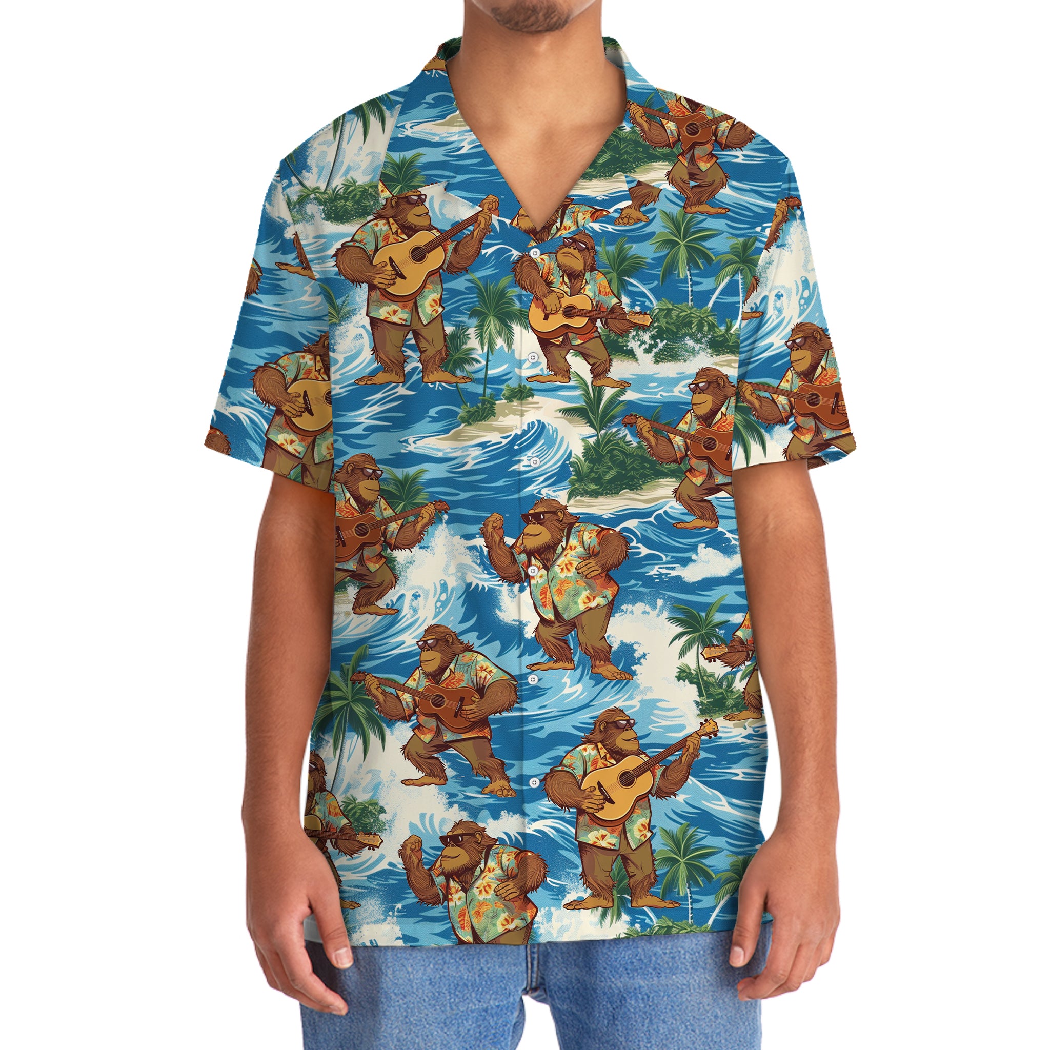 Funny Bigfoot Play Ukulele Hawaiian Shirt Side angle of the funny bigfoot play ukulele Hawaiian shirt highlighting its short sleeves and colorful print.