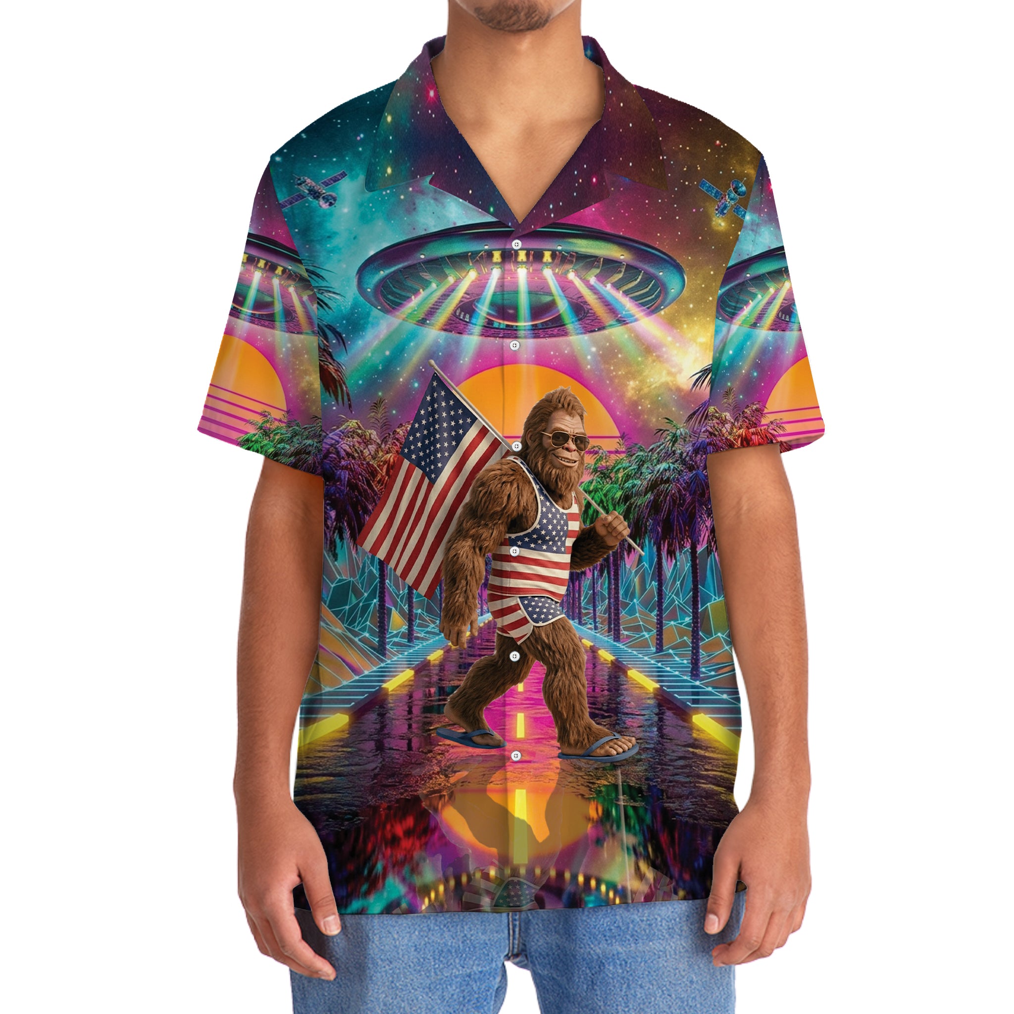 80s Retro Futuristic Sci-Fi Bigfoot Hawaiian Shirt 80s Retro Futuristic Sci-Fi Bigfoot Hawaiian Shirt - Image 5