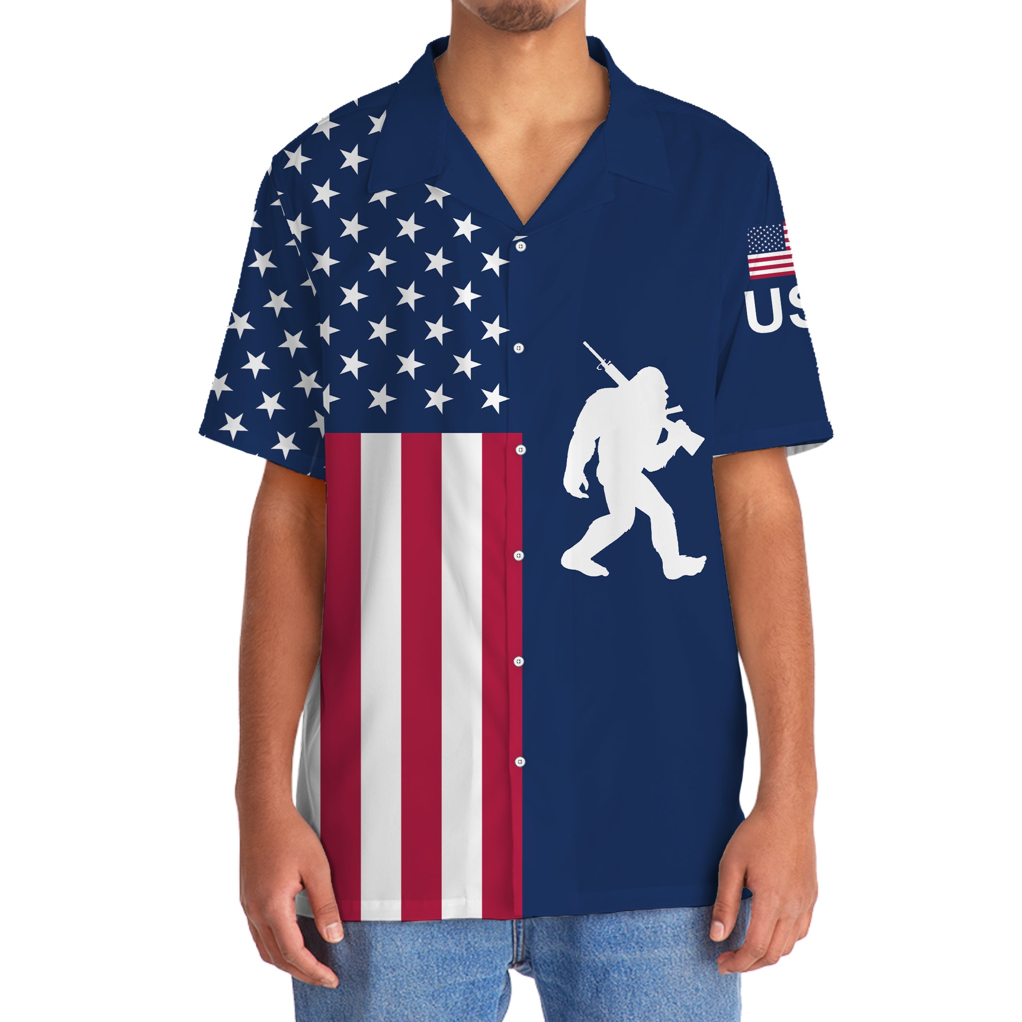 Bigfoot American Flag Hawaiian Shirt Side view of the Proud of America Bigfoot Hawaiian shirt displaying the unique blend of red, white, and blue.