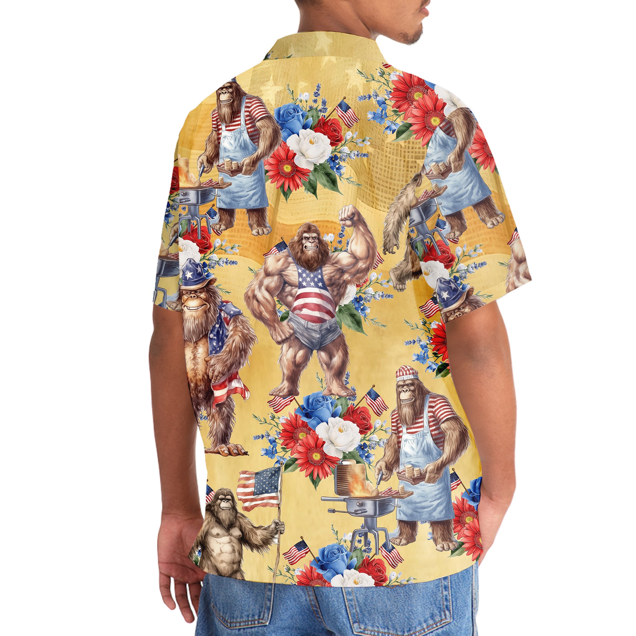 Vintage Bigfoot Patriotic Floral Hawaiian Shirt Side view of the vintage bigfoot patriotic floral Hawaiian shirt highlighting the unique design and relaxed fit.