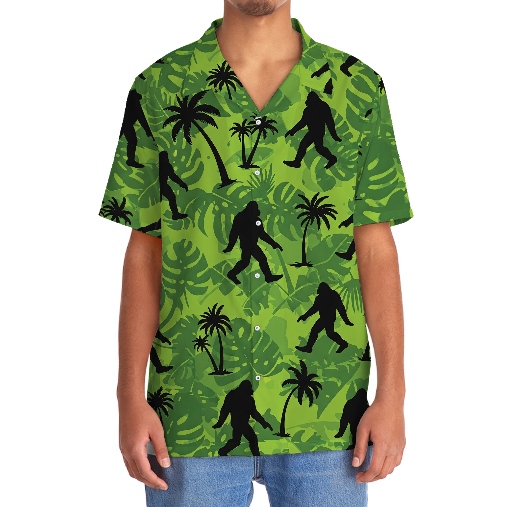 Tropical Bigfoot Hawaiian Shirt Close-up of the tropical bigfoot Hawaiian shirt buttons, emphasizing the fun tropical prints with Bigfoot figures.