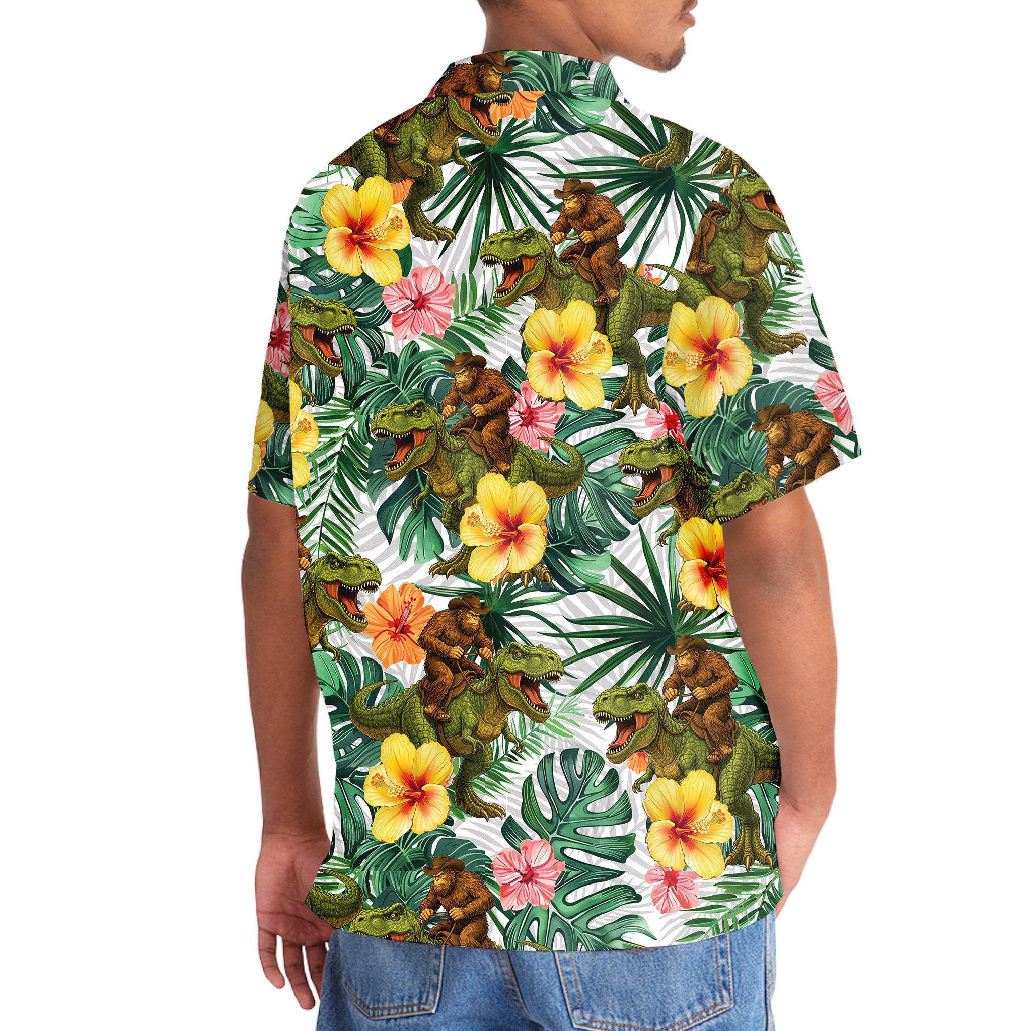 Bigfoot Green Cowboy with Dinosaur Tropical Hawaiian Shirt Bigfoot Green Cowboy with Dinosaur Tropical Hawaiian Shirt - Image 5