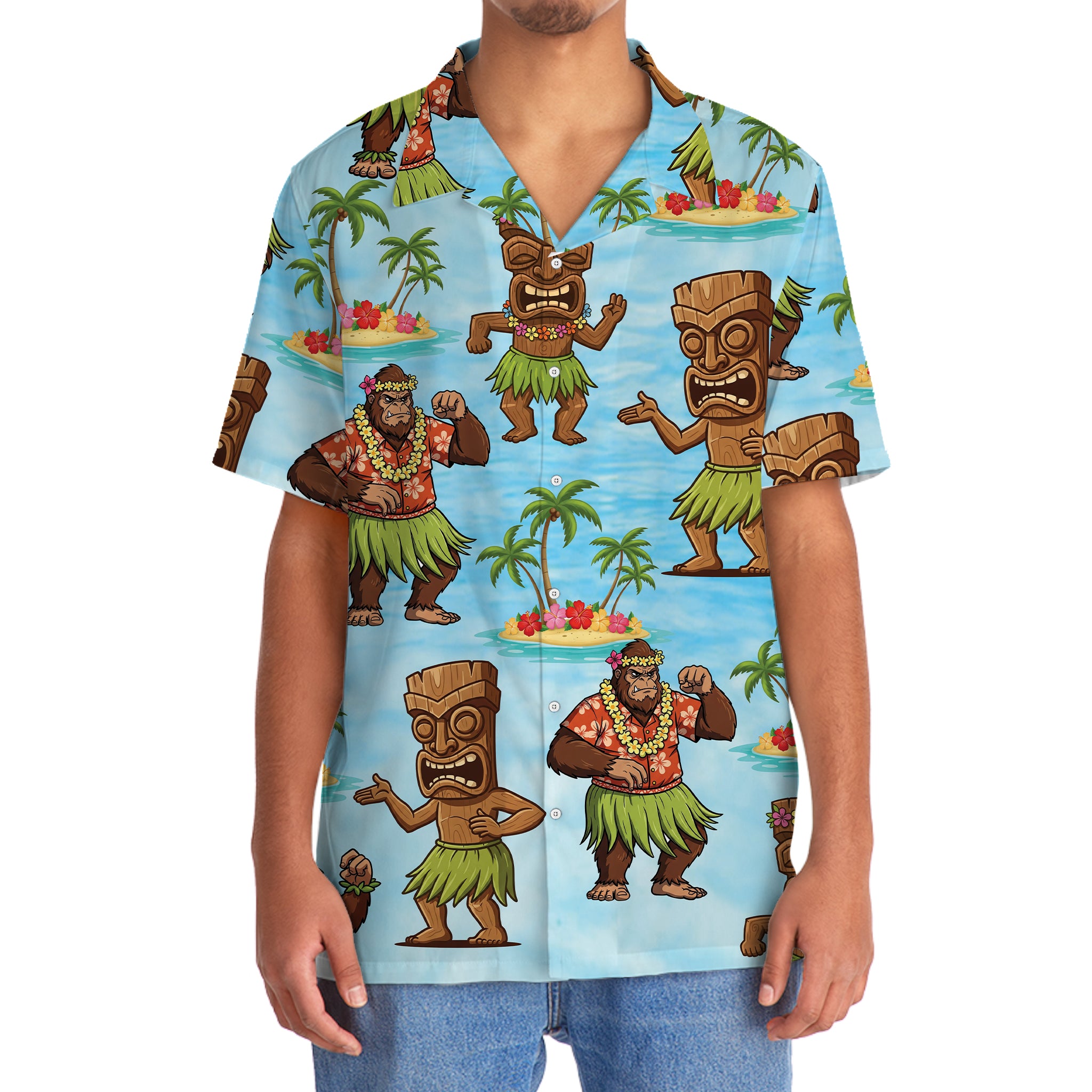 Hula Bigfoot Tiki Dancing Hawaiian Shirt Side view of the hula bigfoot tiki Hawaiian shirt, displaying the detailed tiki characters and lush tropical design.