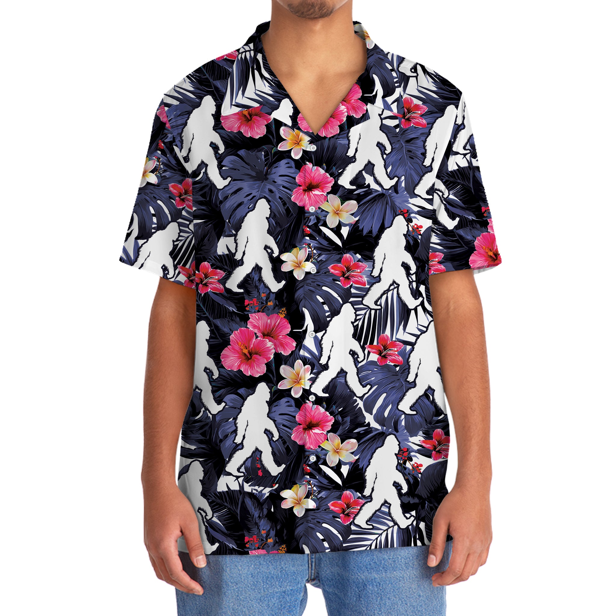 Tropical Bigfoot Walking Hawaiian Shirt Side view of the tropical bigfoot walking Hawaiian shirt displaying its relaxed fit and colorful design elements.