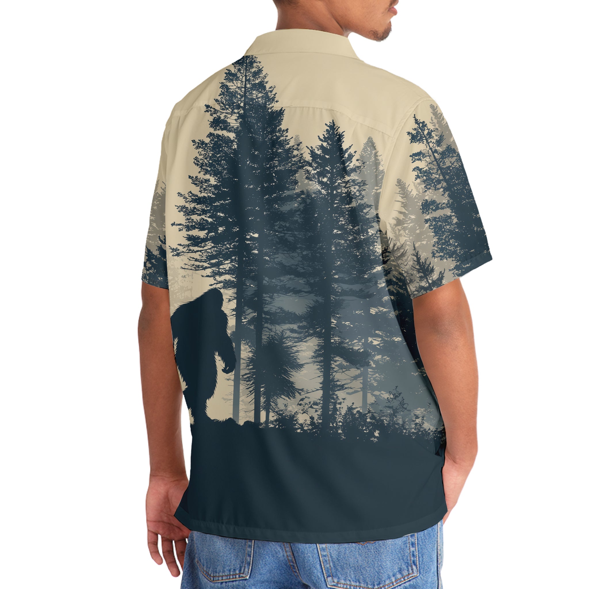 Bigfoot Hide and Seek Hawaiian Shirt Model wearing the Bigfoot Hide and Seek Hawaiian shirt at a summer party, emphasizing its fun and adventurous style.