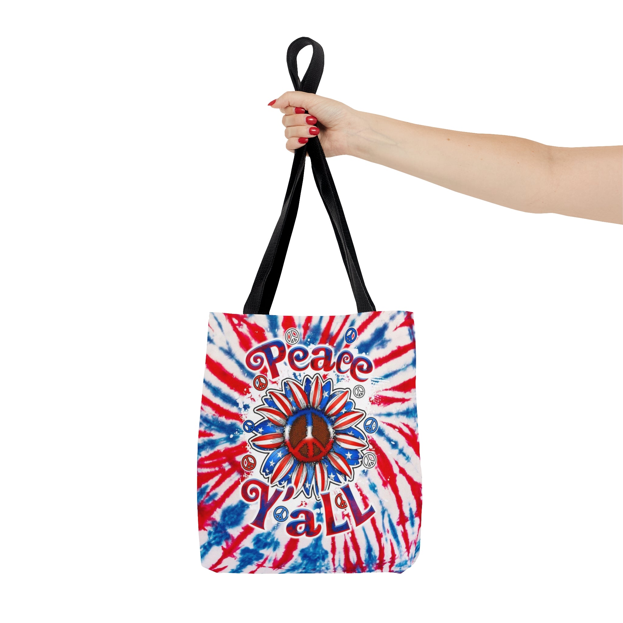 Peace Y'all Sunflower America Tote Bag Lifestyle shot of the peace y'all sunflower america tote bag being held at a beach, perfect for summer outings.