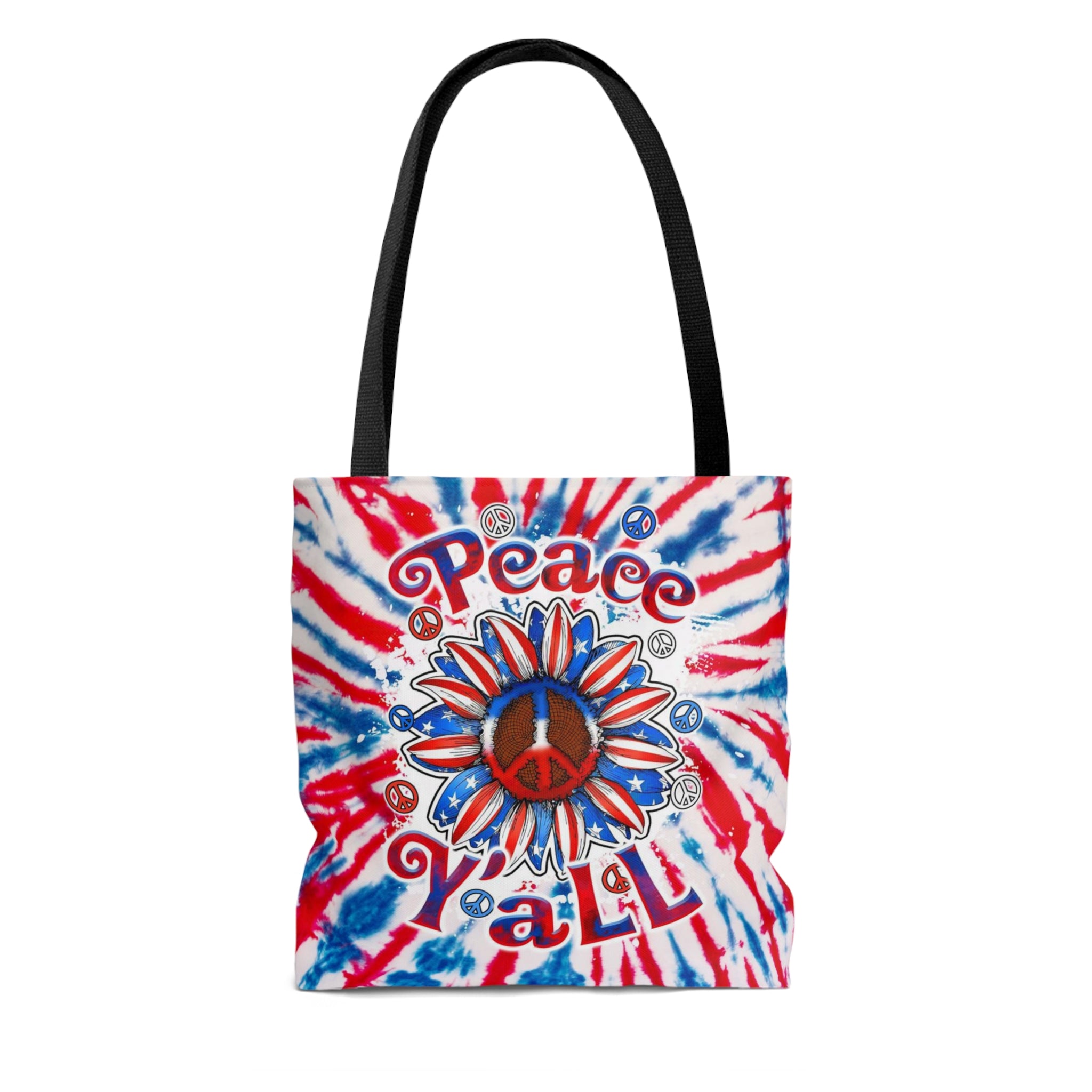 Peace Y'all Sunflower America Tote Bag Close-up detail of the peace y'all sunflower america tote bag, highlighting the sunflower graphic and peace symbols.