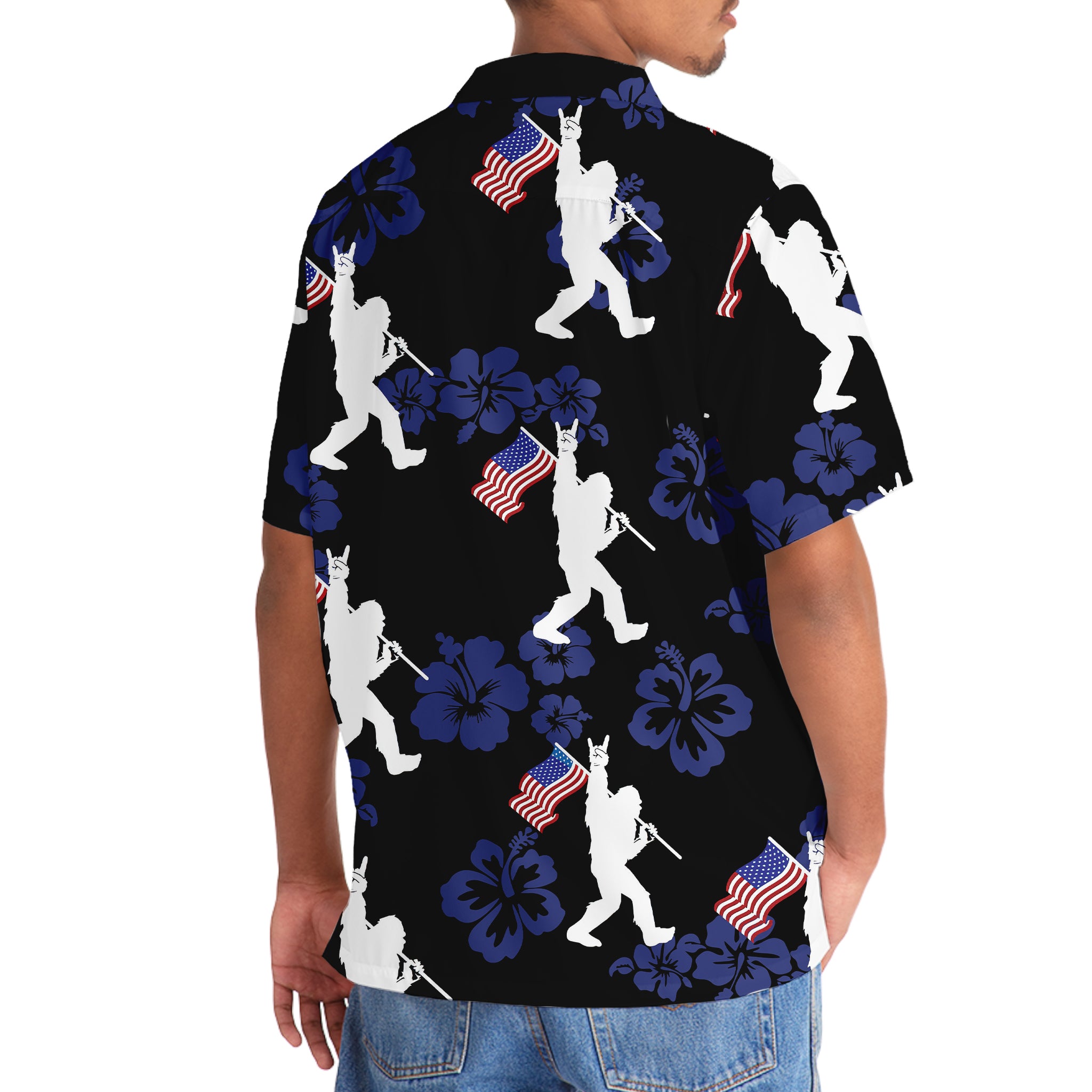 Patriotic Bigfoot USA Flag Hawaiian Shirt Flat lay of the patriotic bigfoot USA flag Hawaiian shirt, emphasizing its colorful design against a contrasting background.