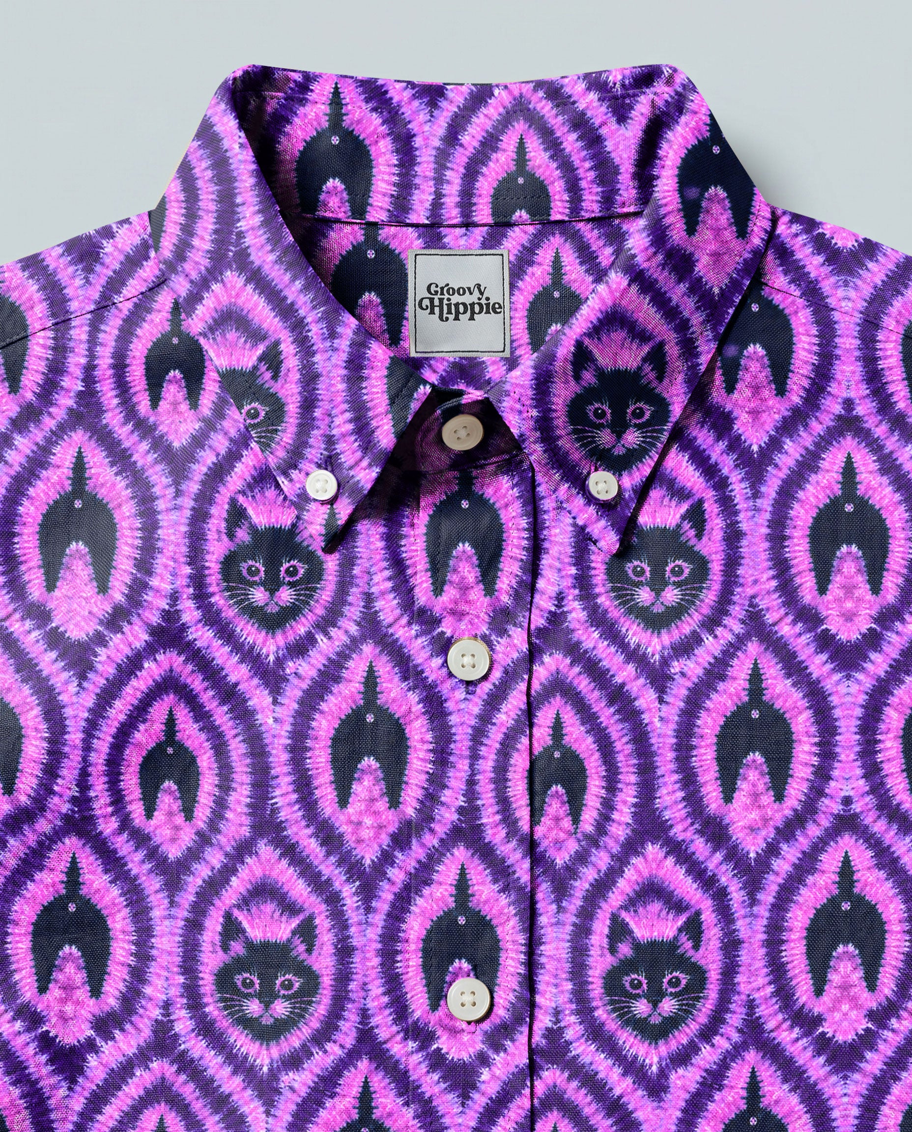 Funny Cat Pattern Button-Down Collar Shirt Close-up detail of funny cat pattern button-down shirt highlighting the intricate cat motifs and fabric texture.