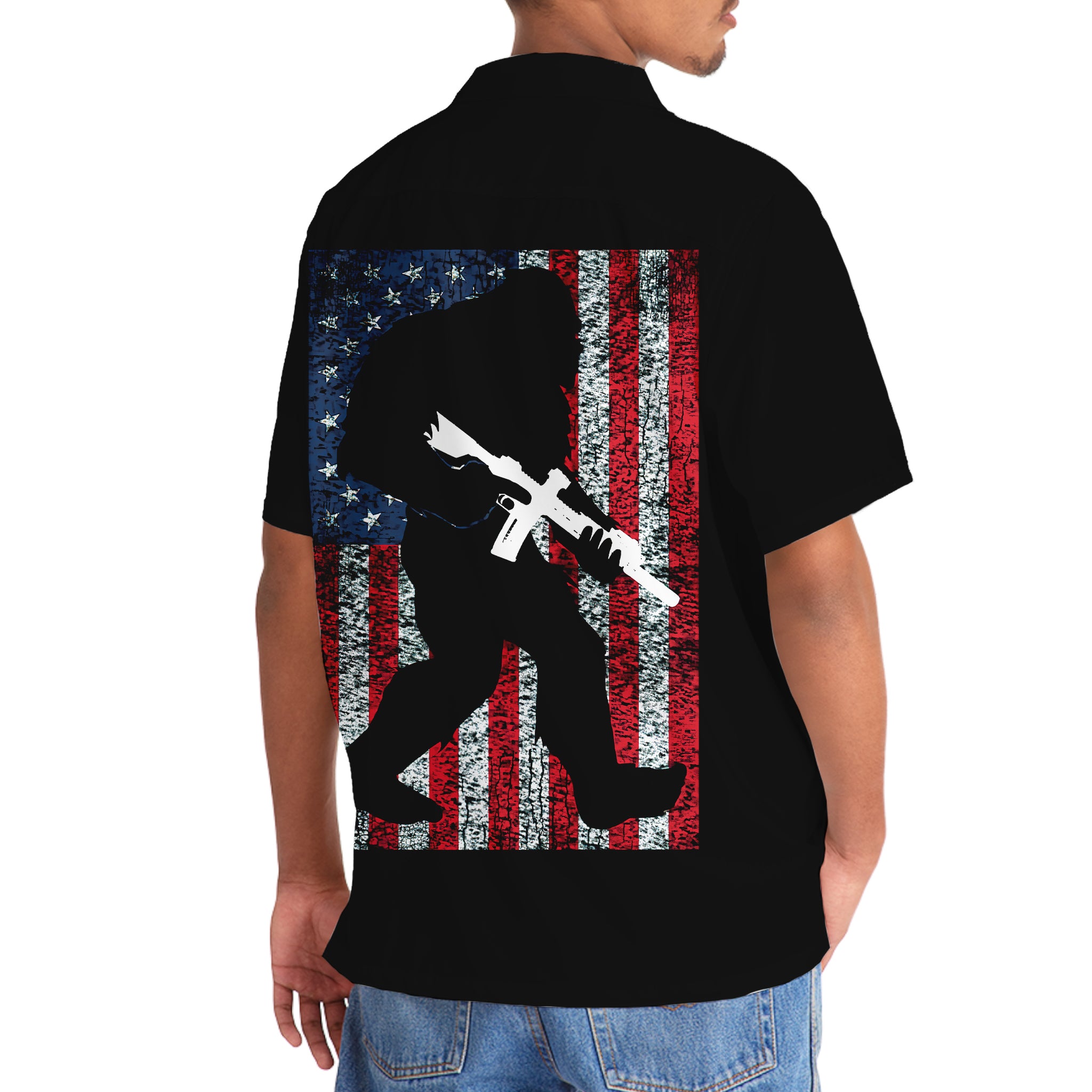 Bigfoot Silhouette American Flag Hawaiian Shirt Flat lay of the bigfoot silhouette American flag Hawaiian shirt, displaying its striking design against a white background.