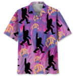 Front view of the bigfoot peace hand sign Hawaiian shirt featuring vibrant purple and pink colors.