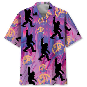 Front view of the bigfoot peace hand sign Hawaiian shirt featuring vibrant purple and pink colors.
