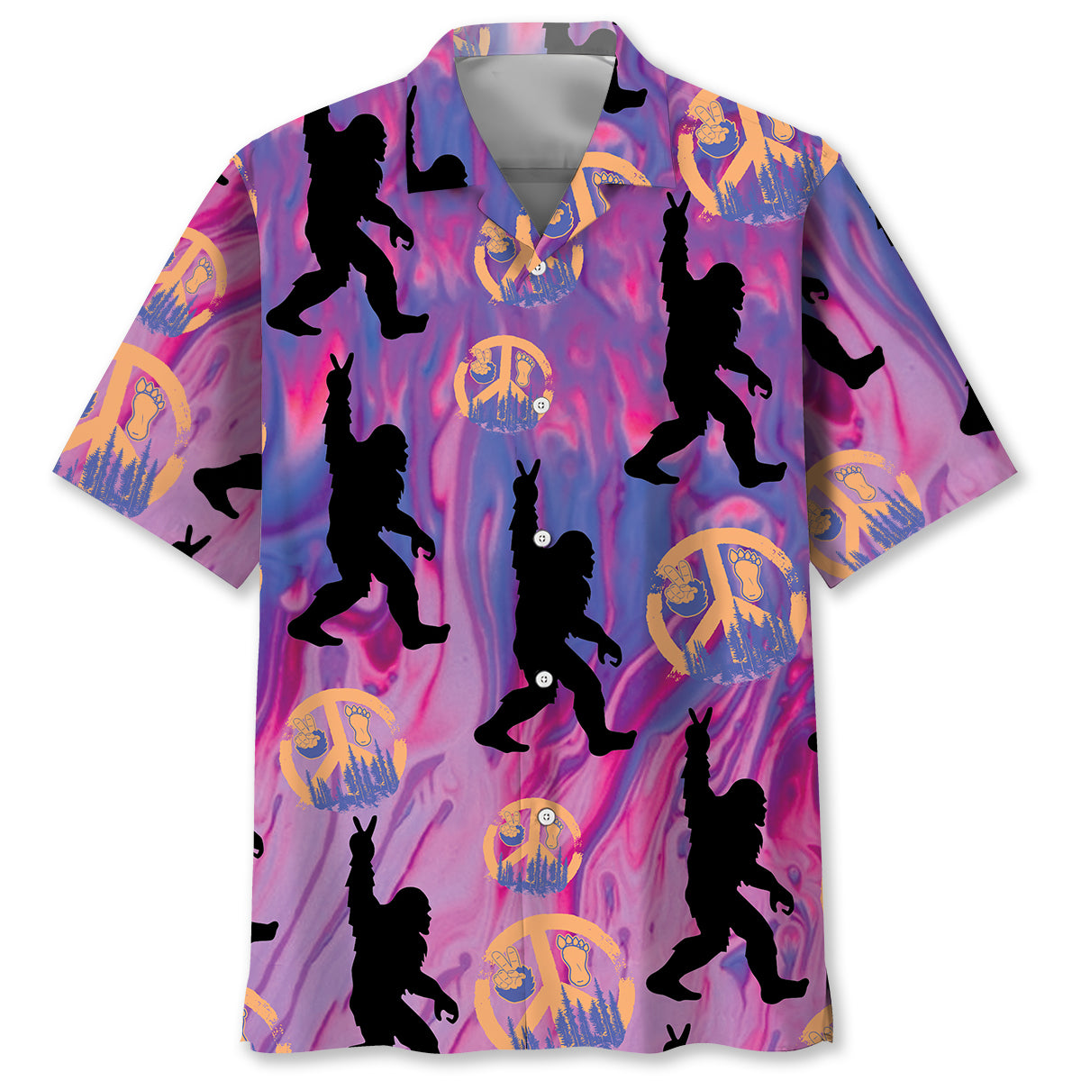 Bigfoot Peace Hand Sign Hawaiian Shirt Front view of the bigfoot peace hand sign Hawaiian shirt featuring vibrant purple and pink colors.