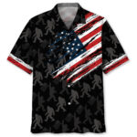 Front view of the Bigfoot America Hawaiian shirt featuring a black background with bold red and blue accents.