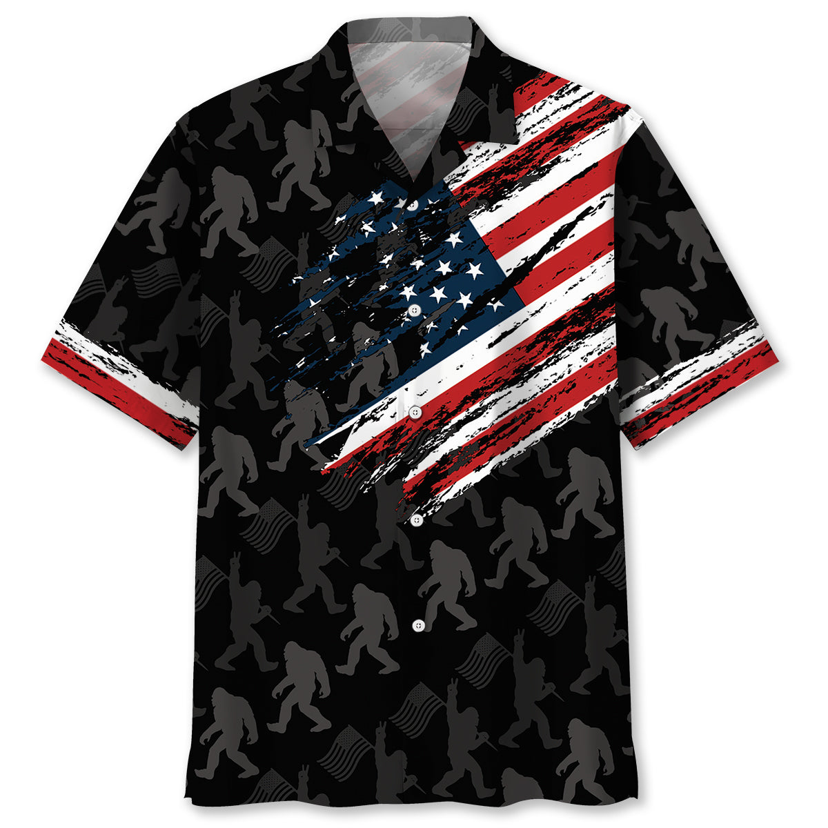 Bigfoot America Hawaiian Shirt Front view of the Bigfoot America Hawaiian shirt featuring a black background with bold red and blue accents.
