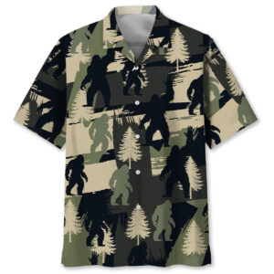 Front view of Bigfoot Pine Tree Brush Hawaiian Shirt featuring bold prints and earthy tones.