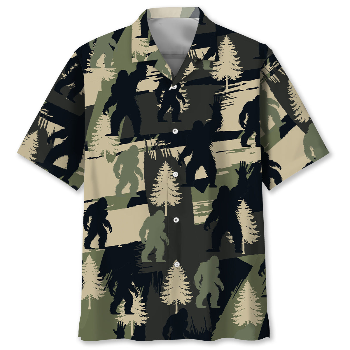Bigfoot Pine Tree Brush Hawaiian Shirt Front view of Bigfoot Pine Tree Brush Hawaiian Shirt featuring bold prints and earthy tones.