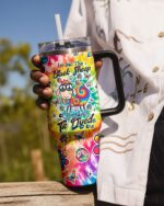 Front view of the I'm Not The Black Sheep tumbler featuring a colorful tie-dye design and fun graphics.
