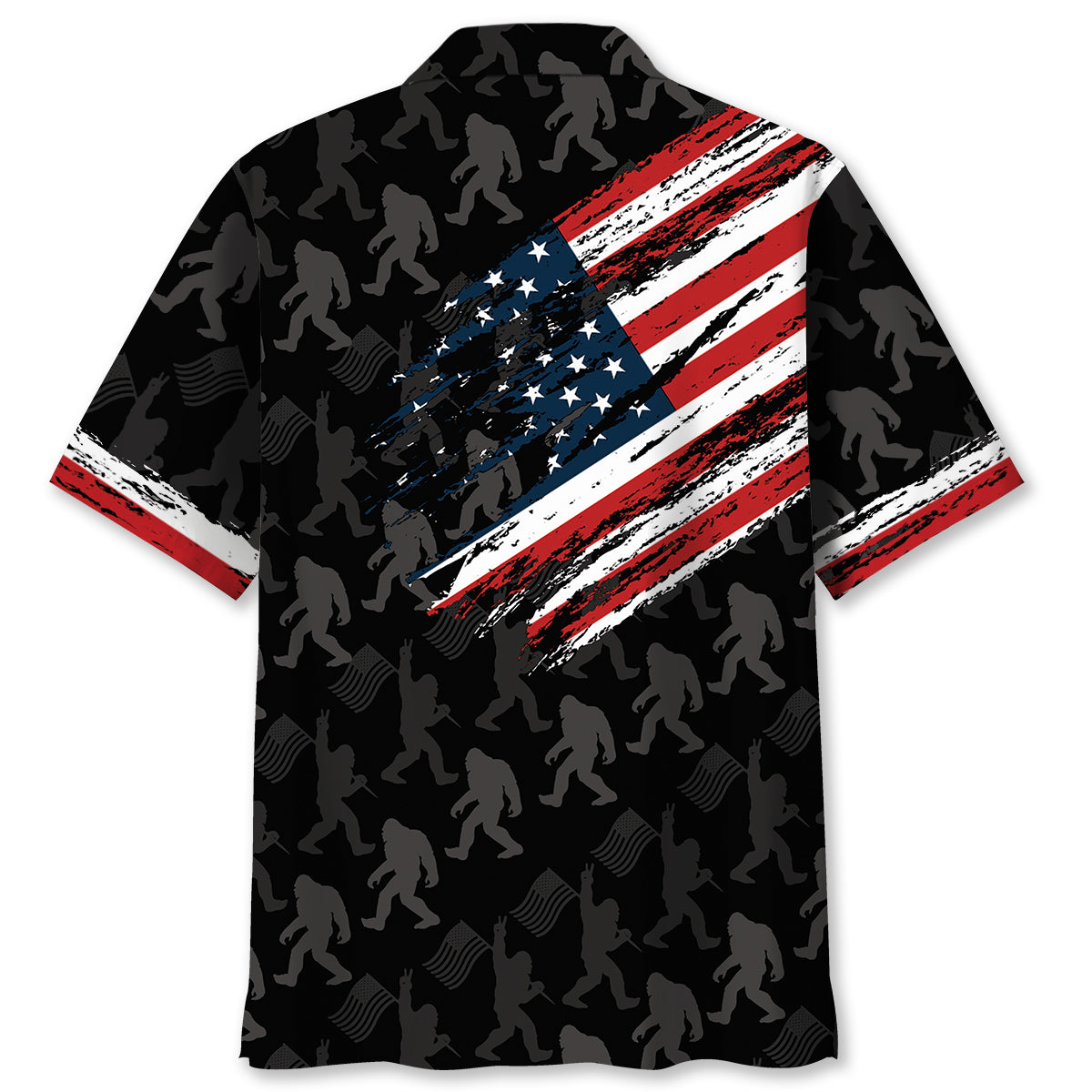 Bigfoot America Hawaiian Shirt Back view of the Bigfoot America Hawaiian shirt showcasing its unique design with silhouettes and an American flag.
