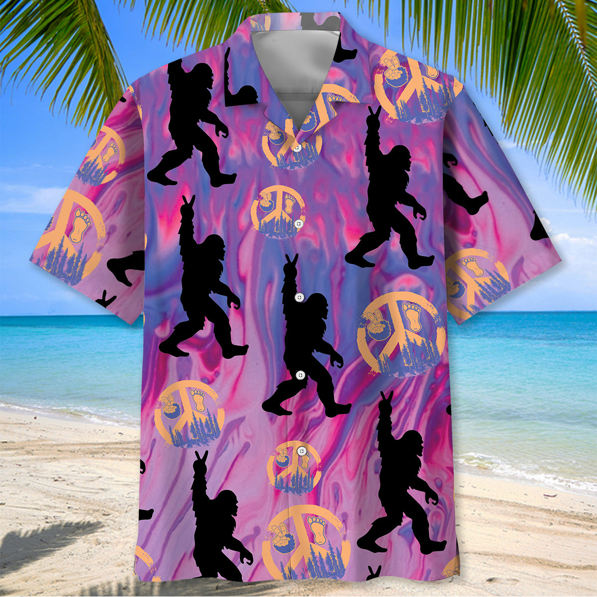 Bigfoot Peace Hand Sign Hawaiian Shirt Close-up detail of the bigfoot peace hand sign Hawaiian shirt highlighting the intricate patterns and fabric texture.