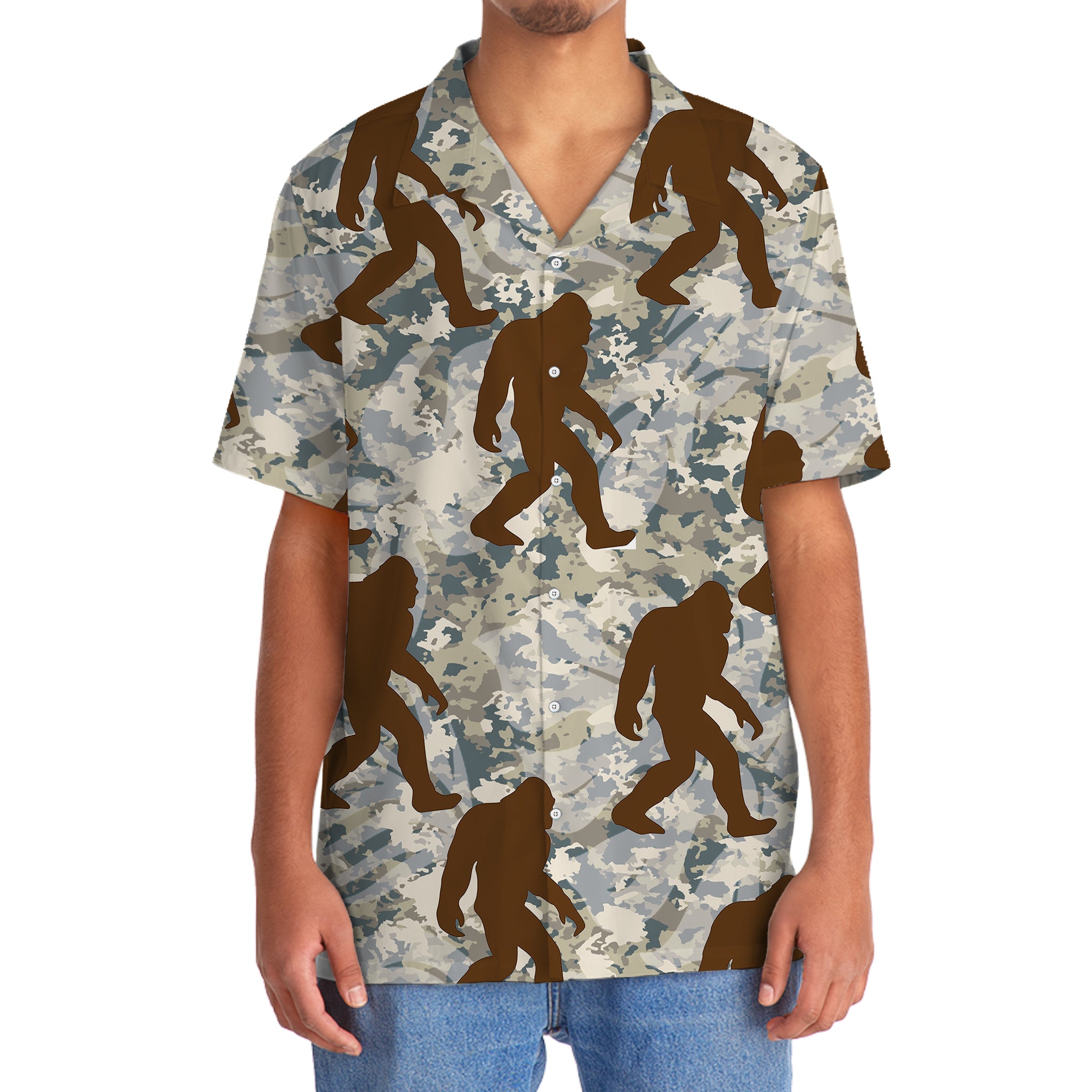 Bigfoot Nature Camouflage Hawaiian Shirt Side view of the bigfoot nature camouflage Hawaiian shirt displaying its relaxed fit and stylish short sleeves.
