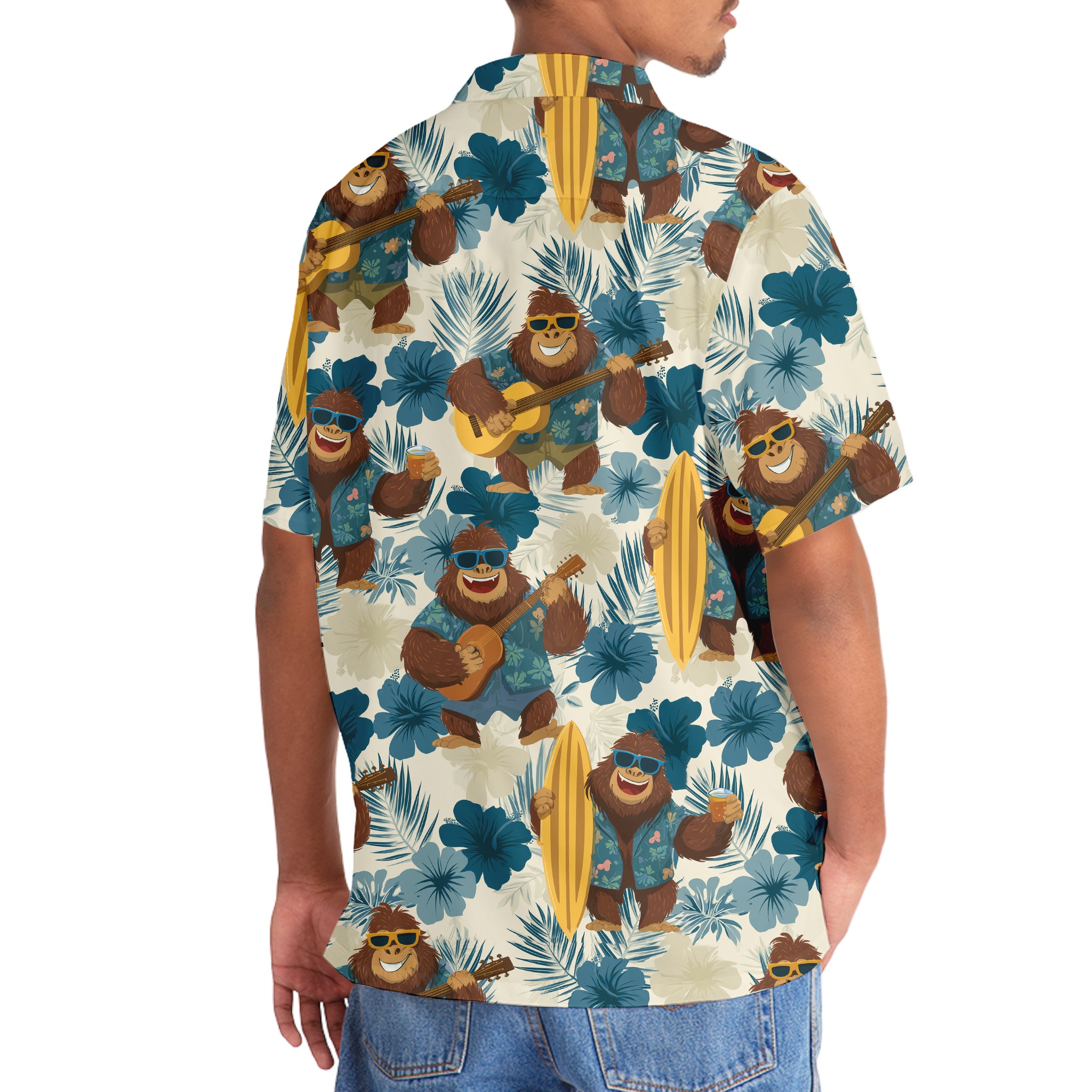 Aloha Bigfoot Holiday Hawaiian Shirt Side angle of the Aloha Bigfoot Holiday shirt, emphasizing its short sleeves and festive floral patterns.
