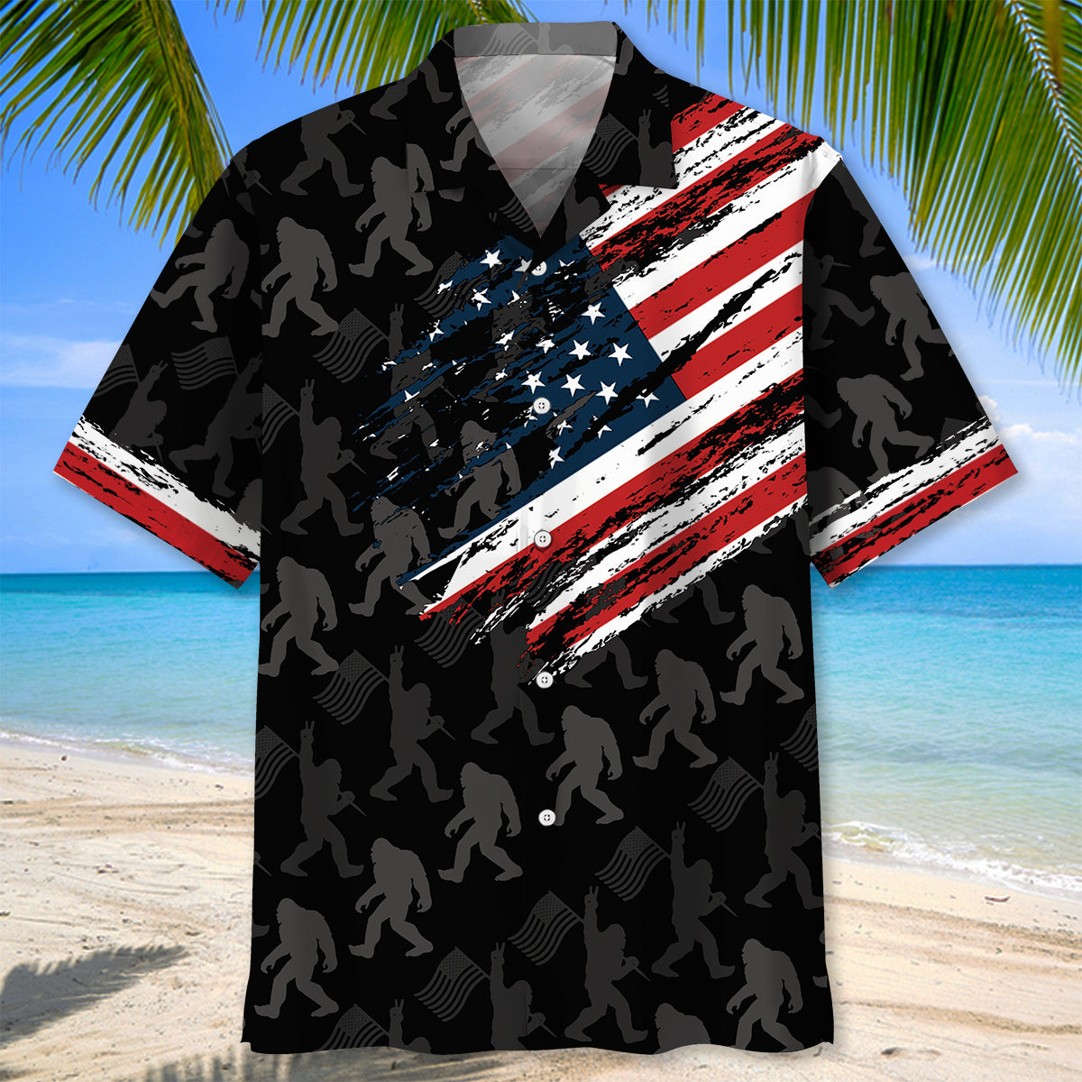 Bigfoot America Hawaiian Shirt Close-up detail of the Bigfoot America Hawaiian shirt illustrating the intricate patterns and vibrant colors.