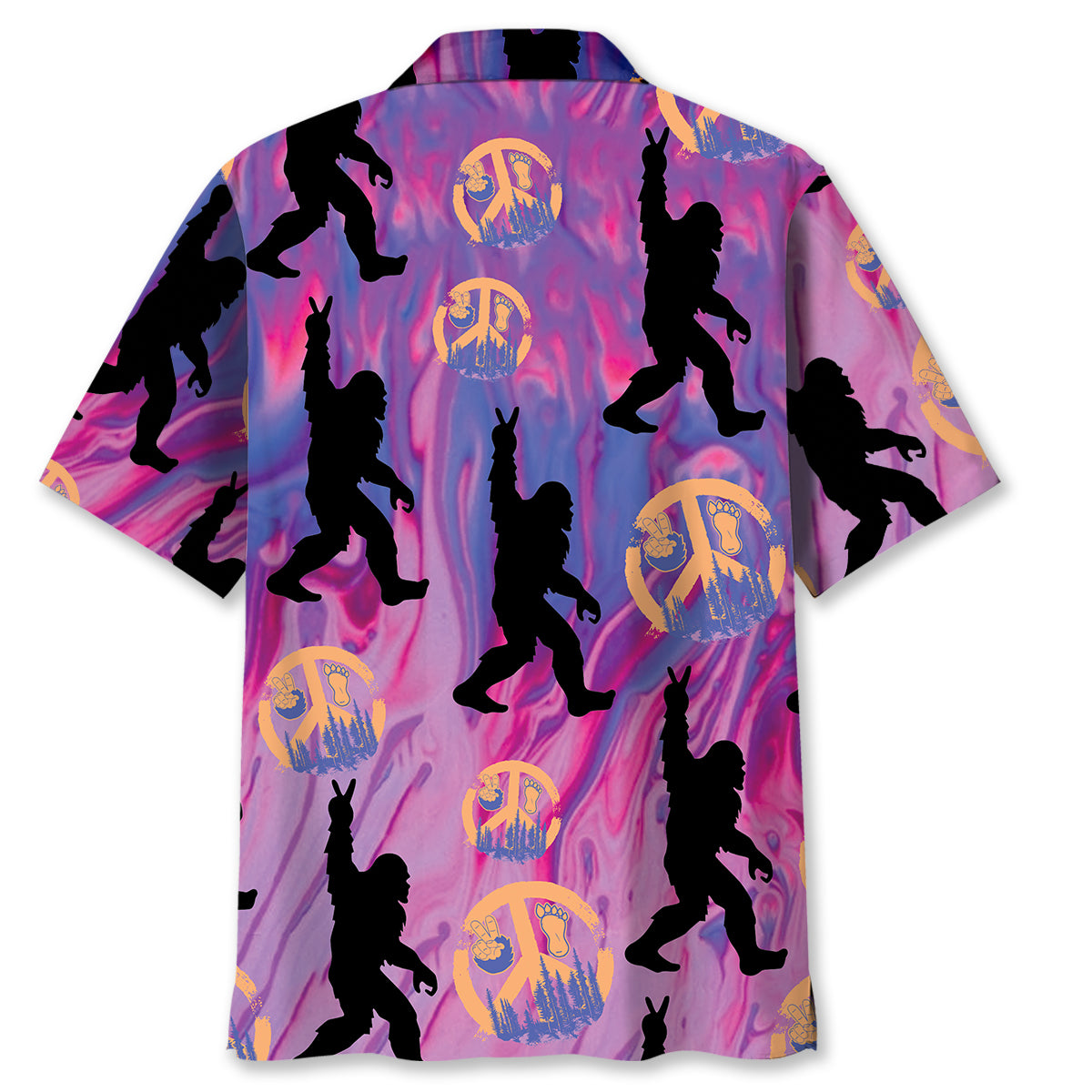 Bigfoot Peace Hand Sign Hawaiian Shirt Back view of the bigfoot peace hand sign Hawaiian shirt showcasing the unique design and colors.