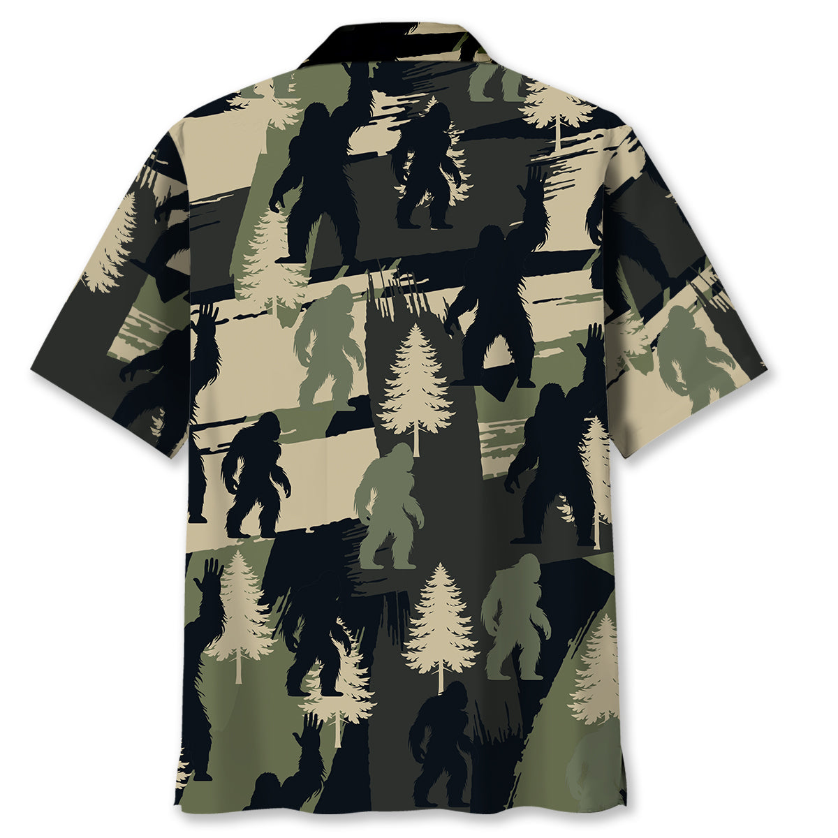 Bigfoot Pine Tree Brush Hawaiian Shirt Back view of the Bigfoot Pine Tree Brush Hawaiian Shirt showcasing the unique design and vibrant colors.