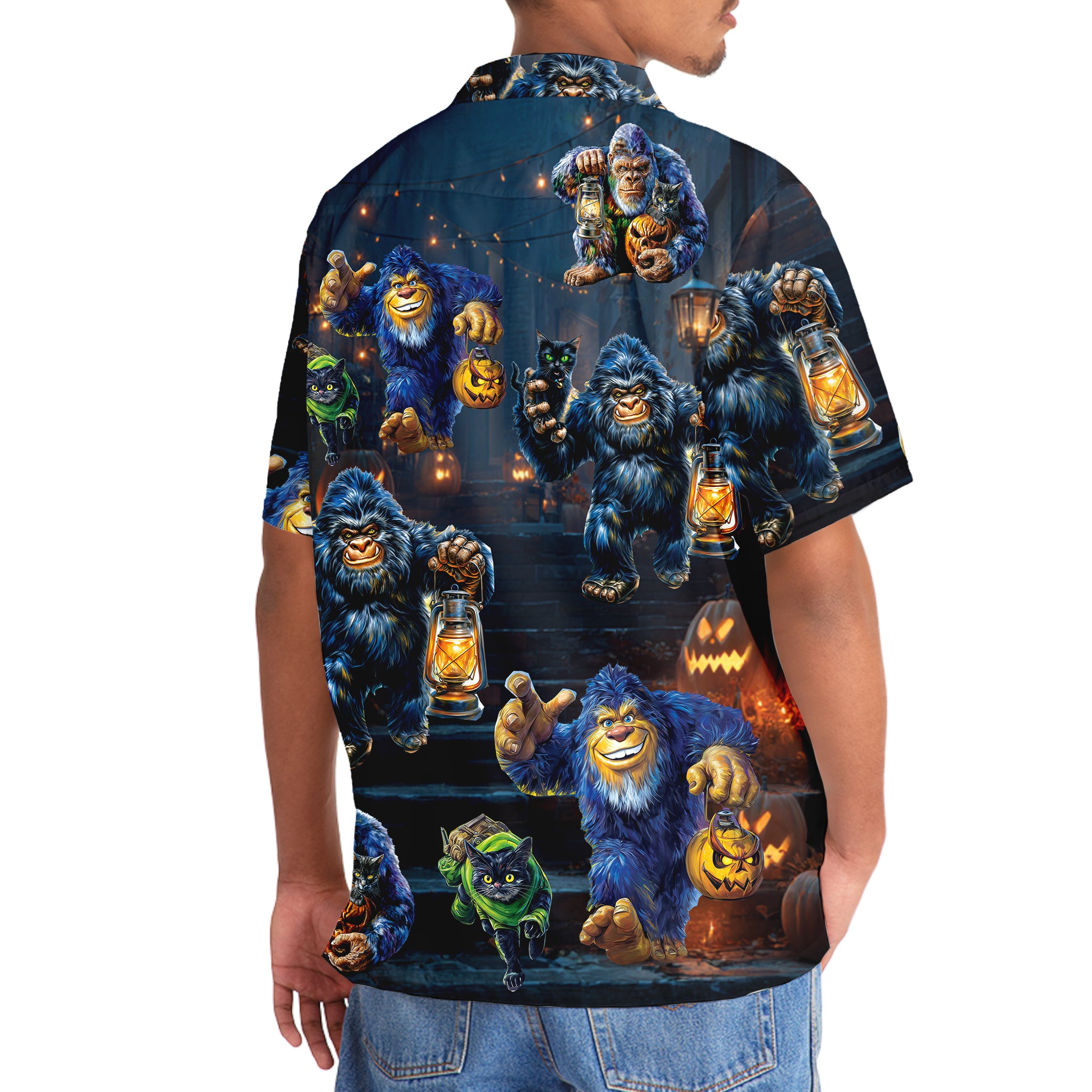 Bigfoot Catching Black Cat Halloween Shirt Side angle of the bigfoot catching black cat Halloween shirt, with emphasis on the festive patterns and color contrast.