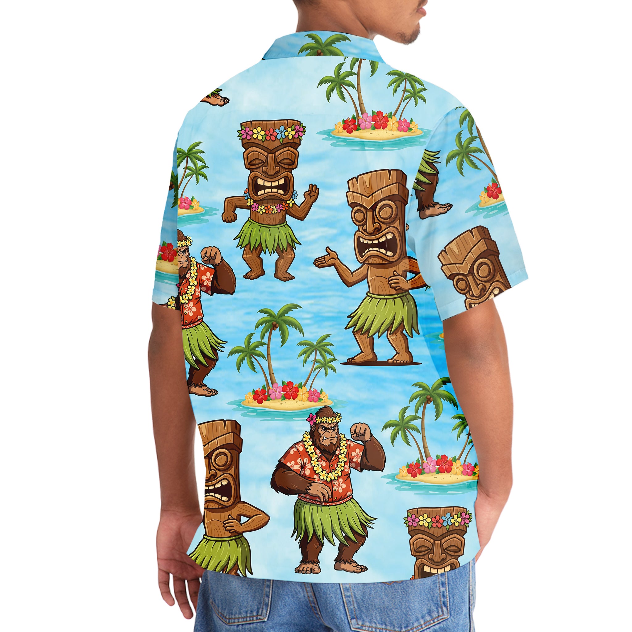 Hula Bigfoot Tiki Dancing Hawaiian Shirt Flat lay of the hula bigfoot tiki Hawaiian shirt with tropical decor, emphasizing its fun and festive look.