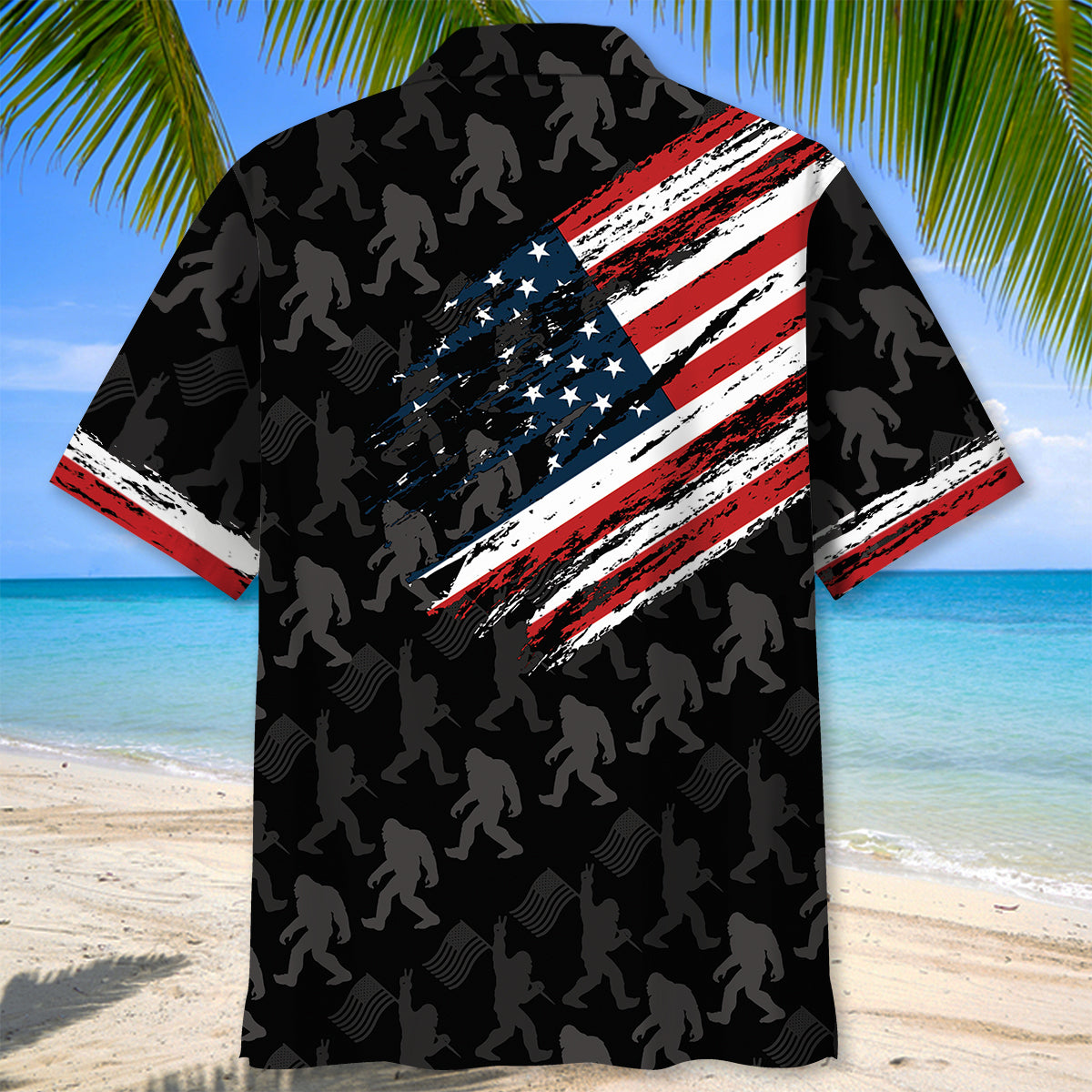 Bigfoot America Hawaiian Shirt Lifestyle shot of a person wearing the Bigfoot America Hawaiian shirt on a sunny day, perfect for summer outings.