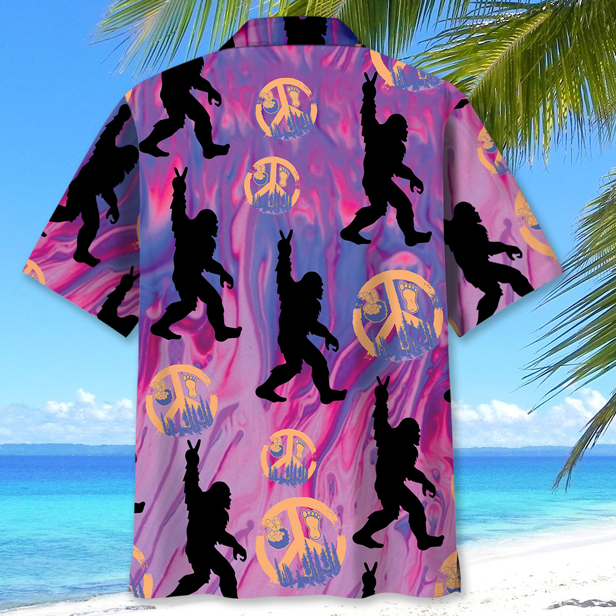 Bigfoot Peace Hand Sign Hawaiian Shirt Lifestyle shot of the bigfoot peace hand sign Hawaiian shirt worn at a beach, capturing a fun summer vibe.
