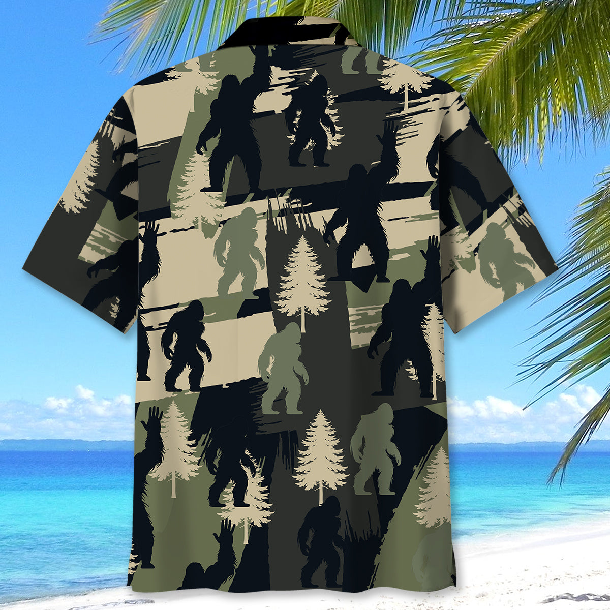 Bigfoot Pine Tree Brush Hawaiian Shirt Lifestyle shot of the Bigfoot Pine Tree Brush Hawaiian Shirt worn on the beach, displaying its casual style.