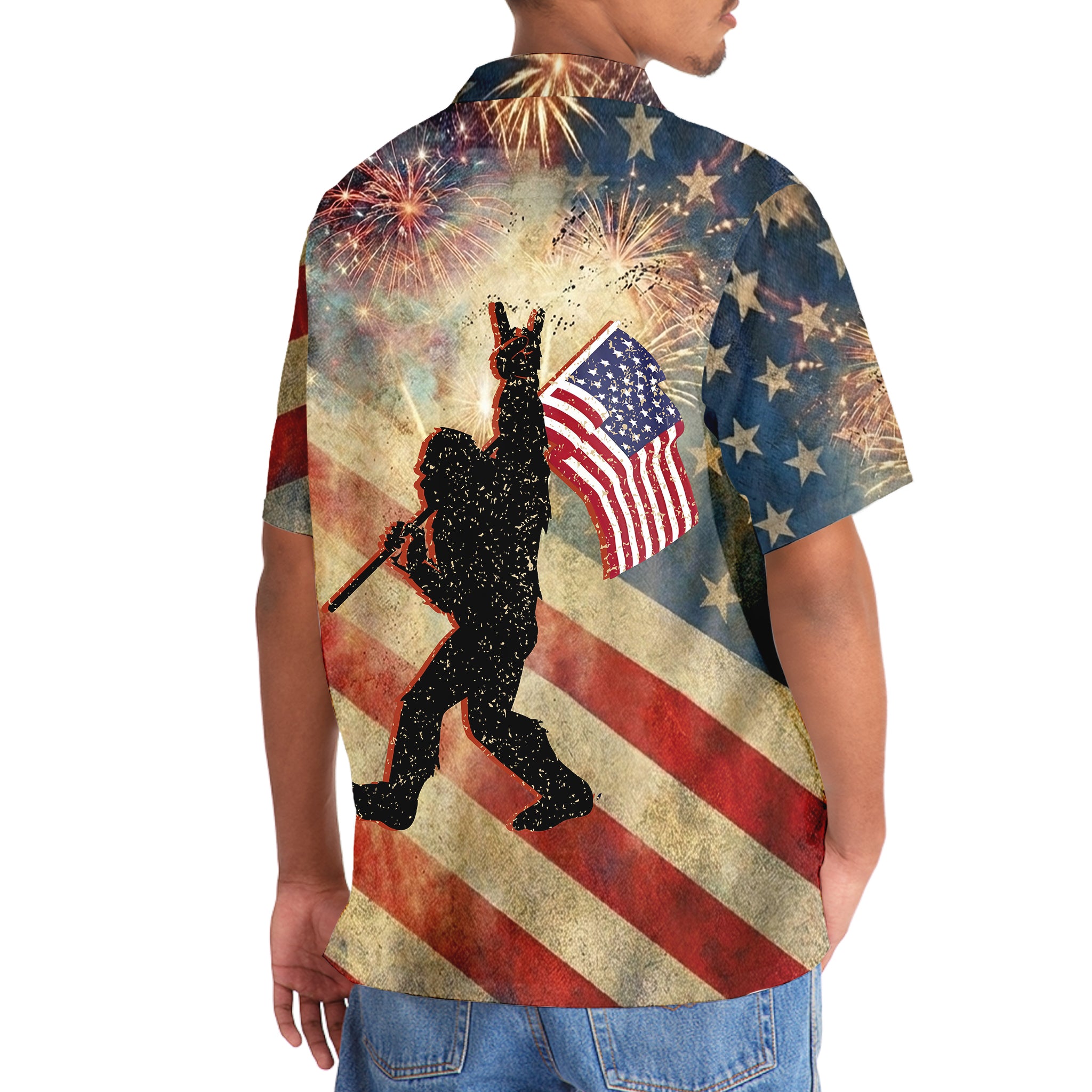Bigfoot Waving USA Flag Hawaiian Shirt Flat lay of the Bigfoot waving USA flag Hawaiian shirt, beautifully arranged with summer accessories.