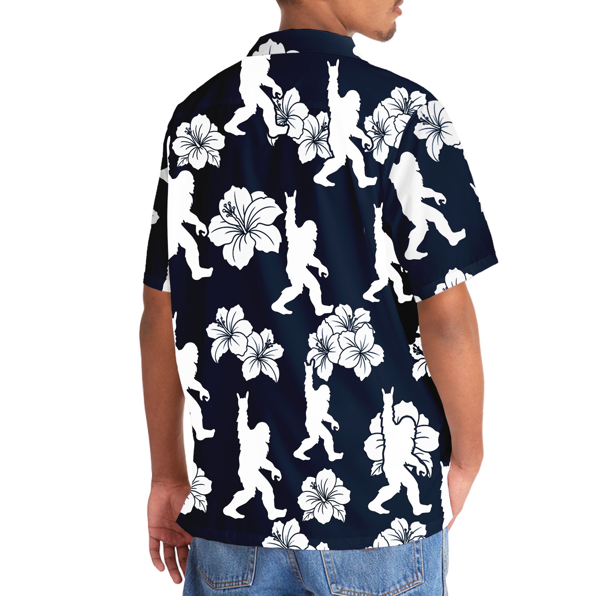 Bigfoot Rock & Roll Hawaiian Shirt Flat lay of the Bigfoot Rock and Roll Hawaiian shirt with accessories, emphasizing its tropical vibe and bold design.