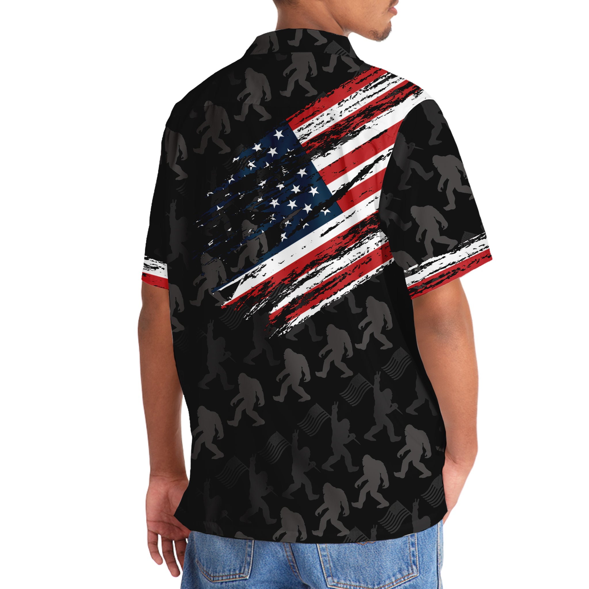 Bigfoot America Hawaiian Shirt Flat lay of the Bigfoot America Hawaiian shirt displaying its colorful design and fabric texture against a white background.